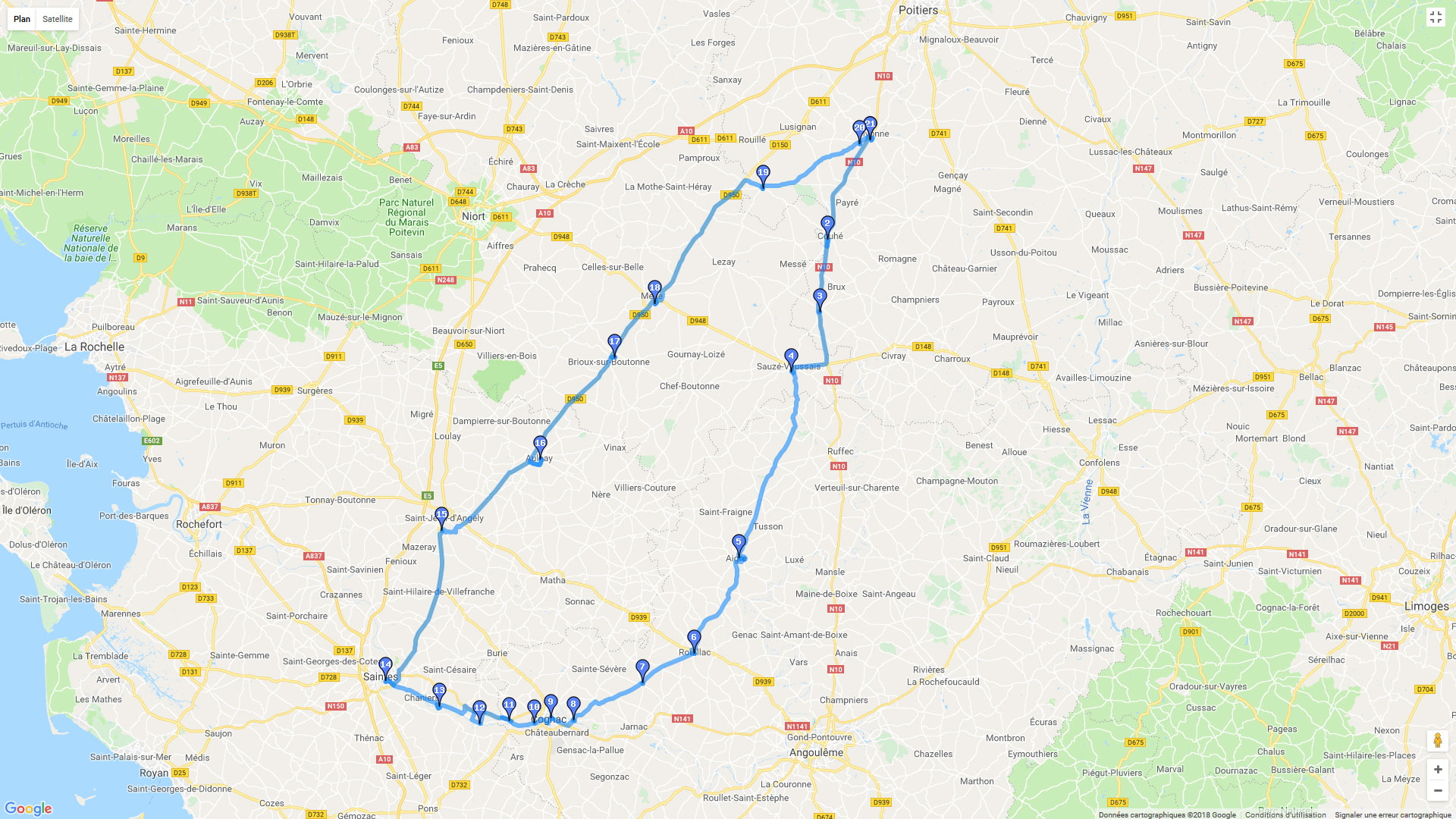 Pour zoomer sur la carte et avoir plus de détails, connectez-vous ! Carte roadbook Entre Cognac et Charente