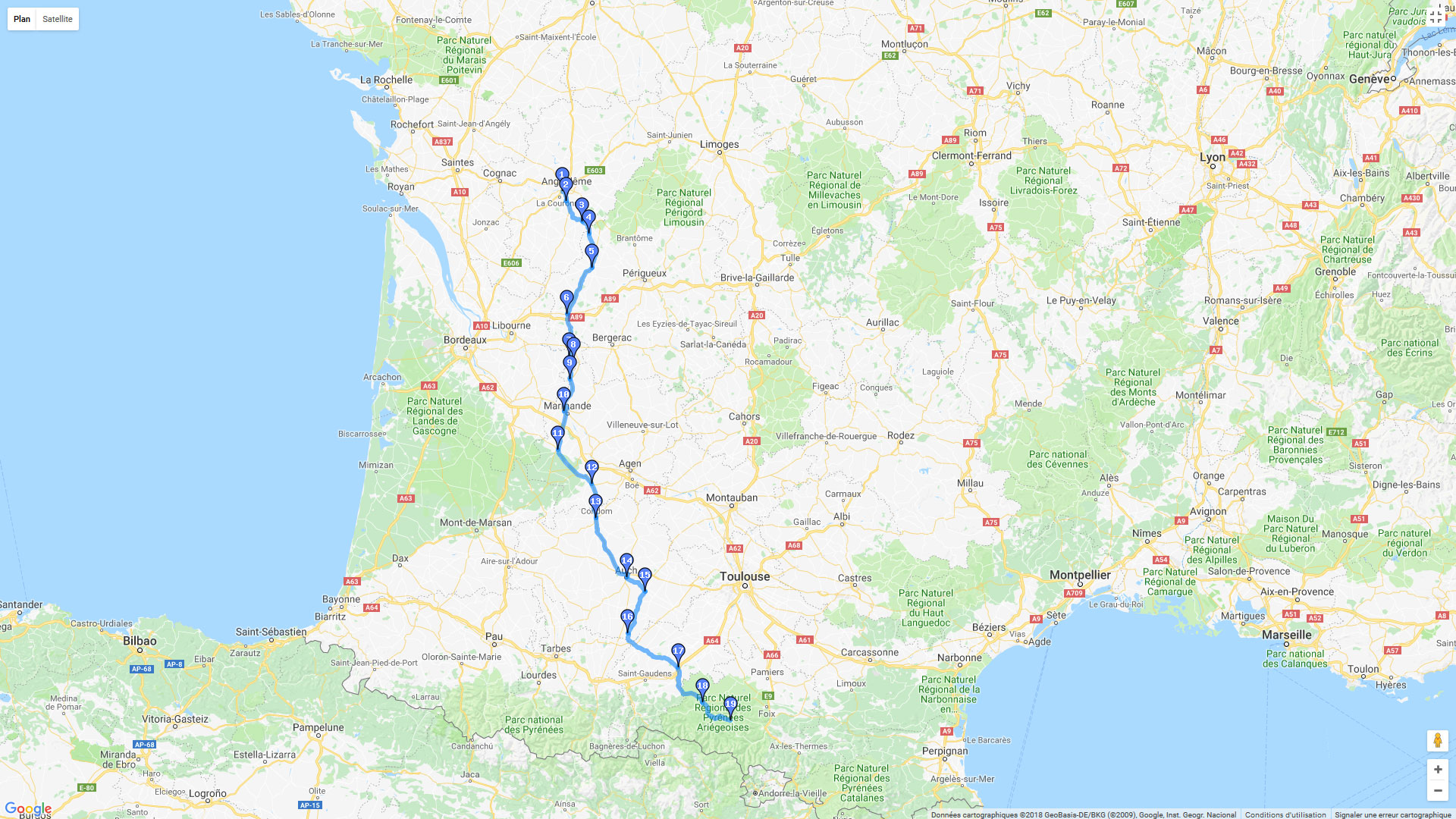 Pour zoomer sur la carte et avoir plus de détails, connectez-vous ! Carte roadbook Angoulême - Ariège