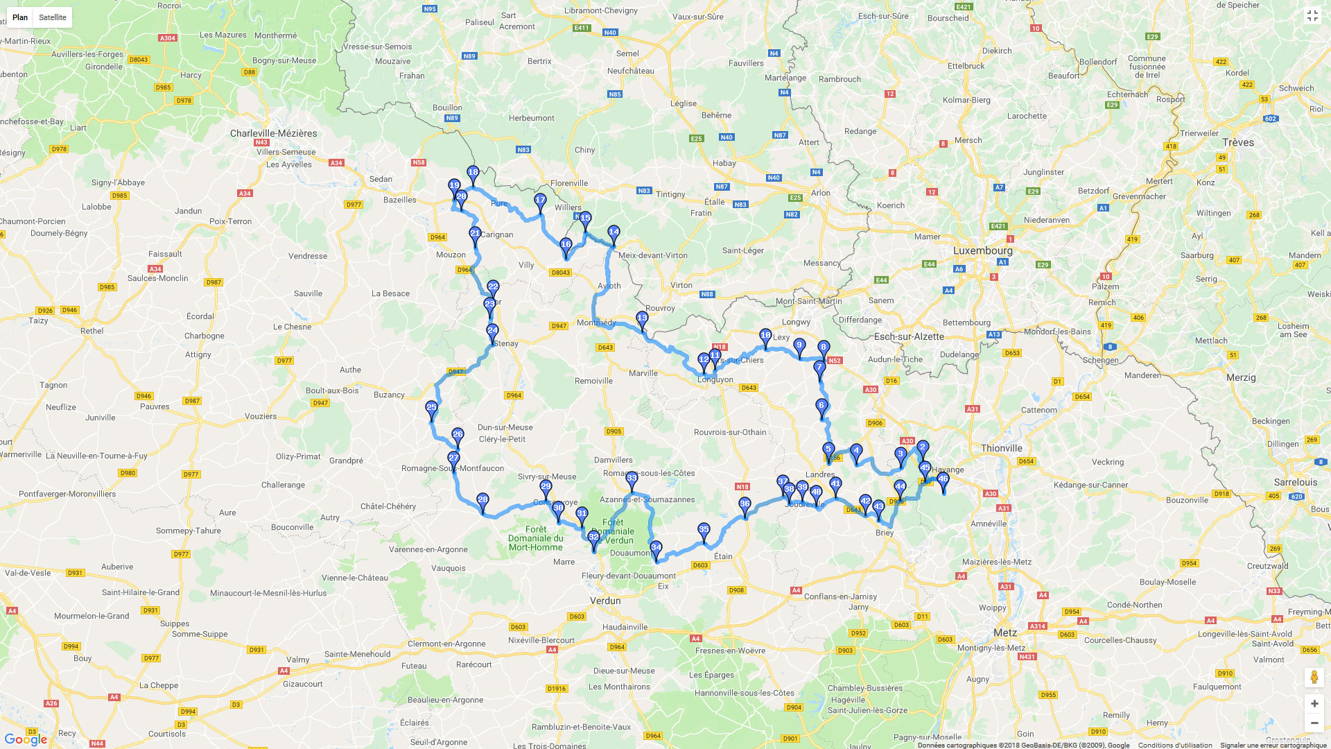 Pour zoomer sur la carte et avoir plus de détails, connectez-vous ! Carte roadbook Autour de la forêt domaniale de Verdun