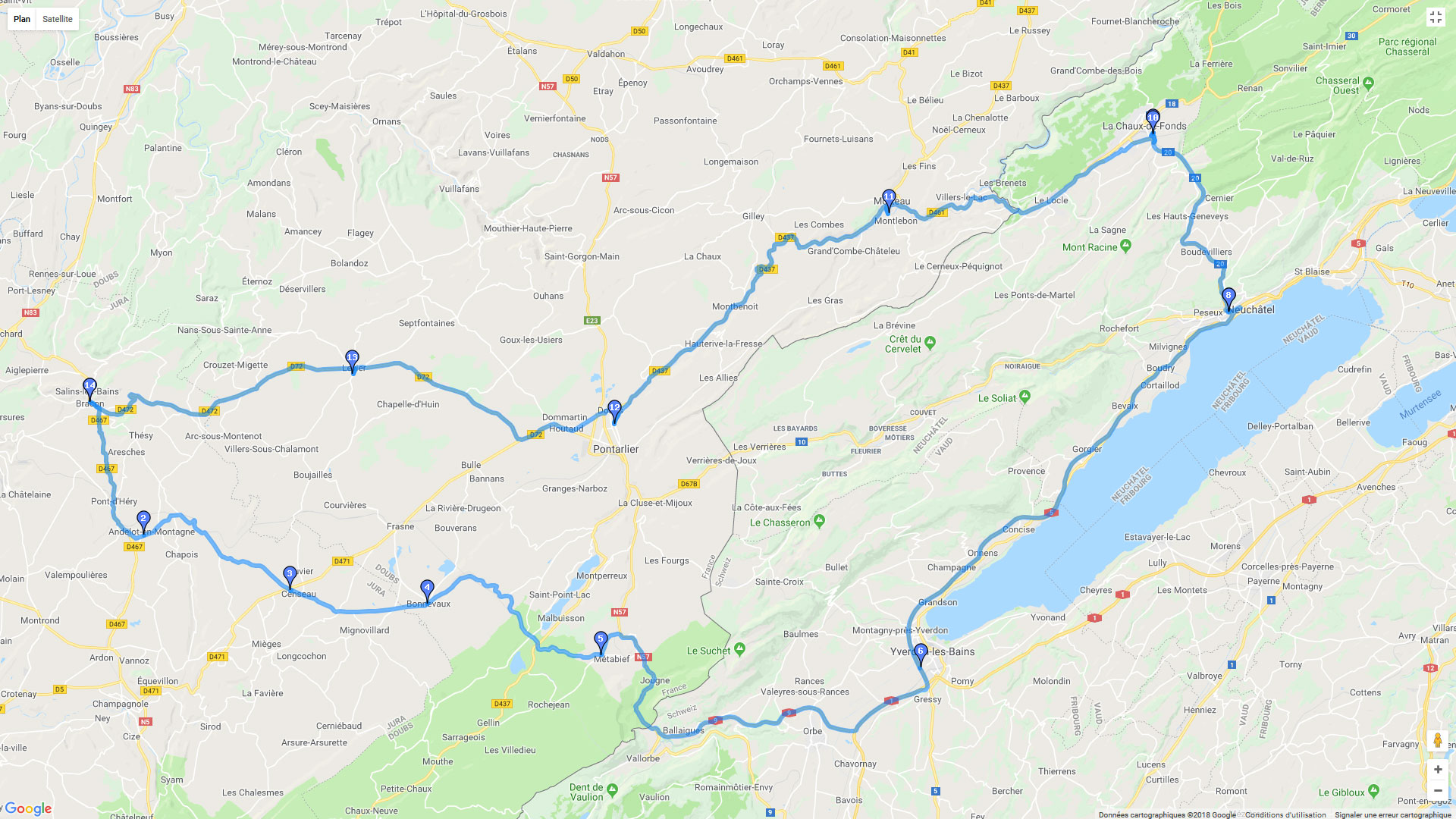Pour zoomer sur la carte et avoir plus de détails, connectez-vous ! Carte roadbook Boucle Salins les Bains via lac de Neuchatel