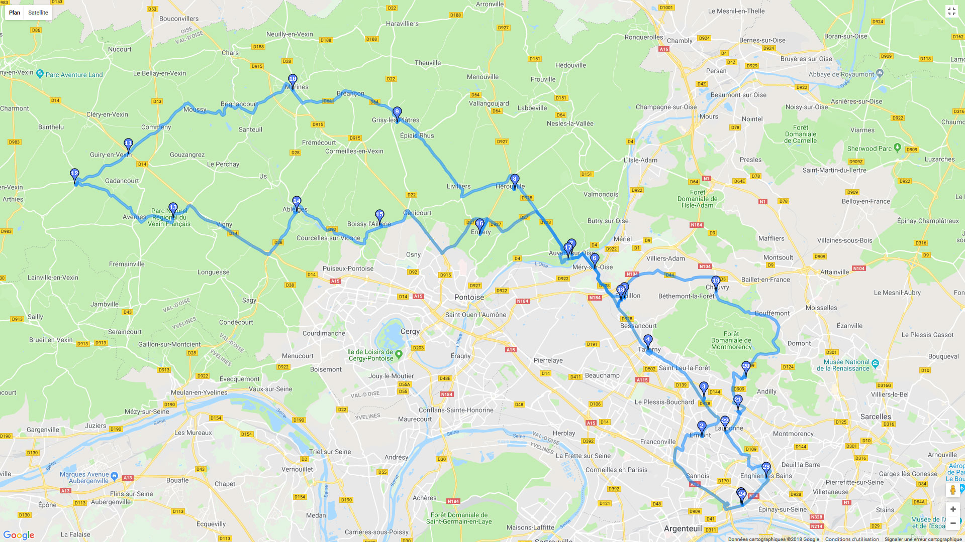 Pour zoomer sur la carte et avoir plus de détails, connectez-vous ! Carte roadbook Virée dans le Vexin