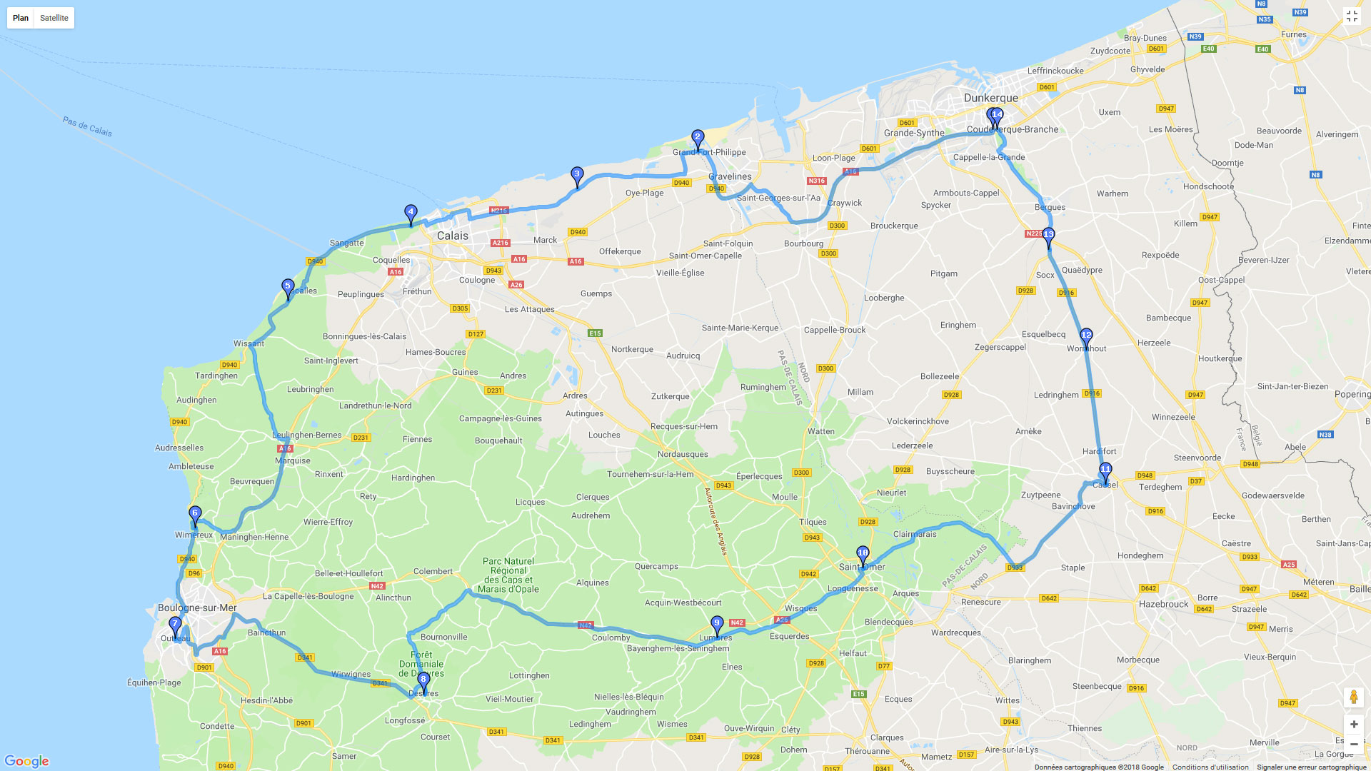 Pour zoomer sur la carte et avoir plus de détails, connectez-vous ! Carte roadbook Parc naturel régional des Caps et Marais d'Opale