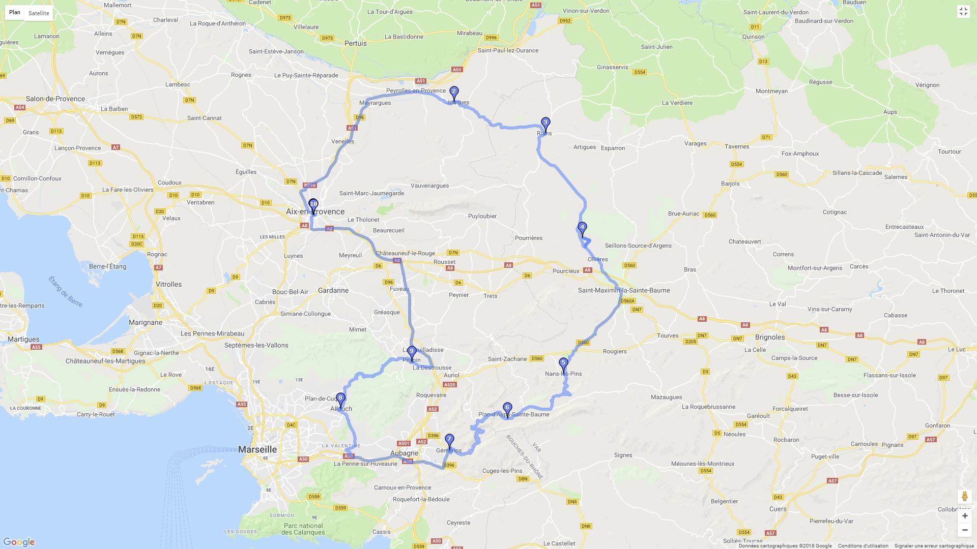 Pour zoomer sur la carte et avoir plus de détails, connectez-vous ! Carte roadbook Aix en Provence à Aix par l'Espigoulier et le terme de Peypin