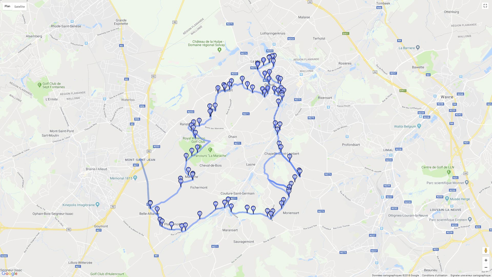 Pour zoomer sur la carte et avoir plus de détails, connectez-vous ! Carte roadbook Waterloo