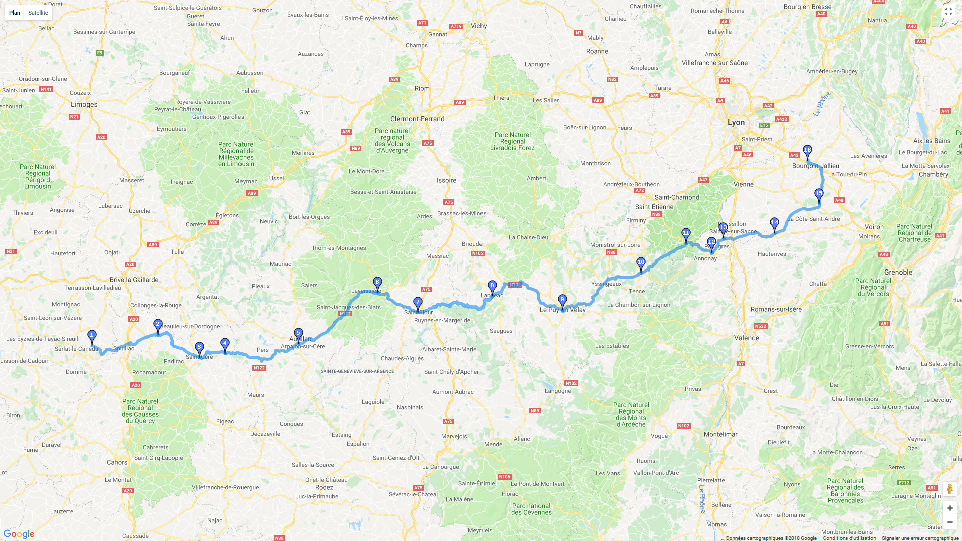 Pour zoomer sur la carte et avoir plus de détails, connectez-vous ! Carte roadbook Quercy et volcans d'Auvergne