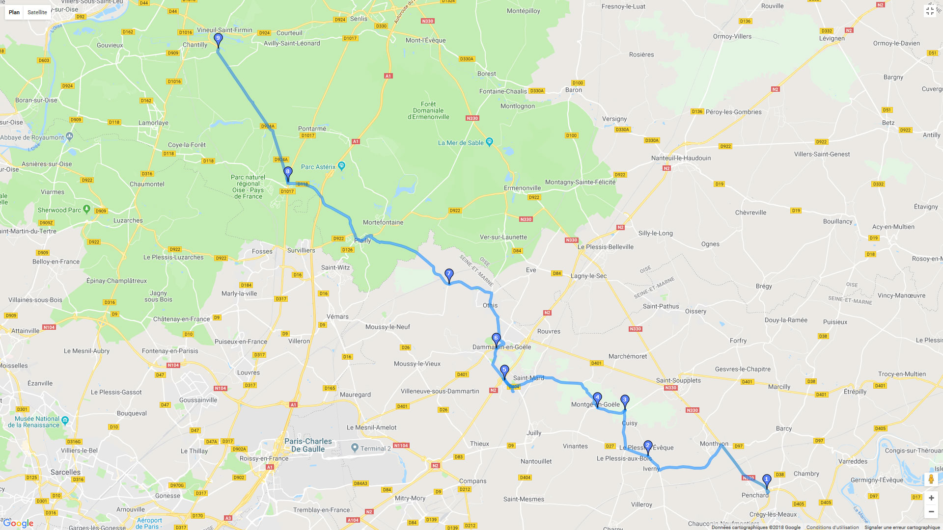 Pour zoomer sur la carte et avoir plus de détails, connectez-vous ! Carte roadbook Meaux Chantilly