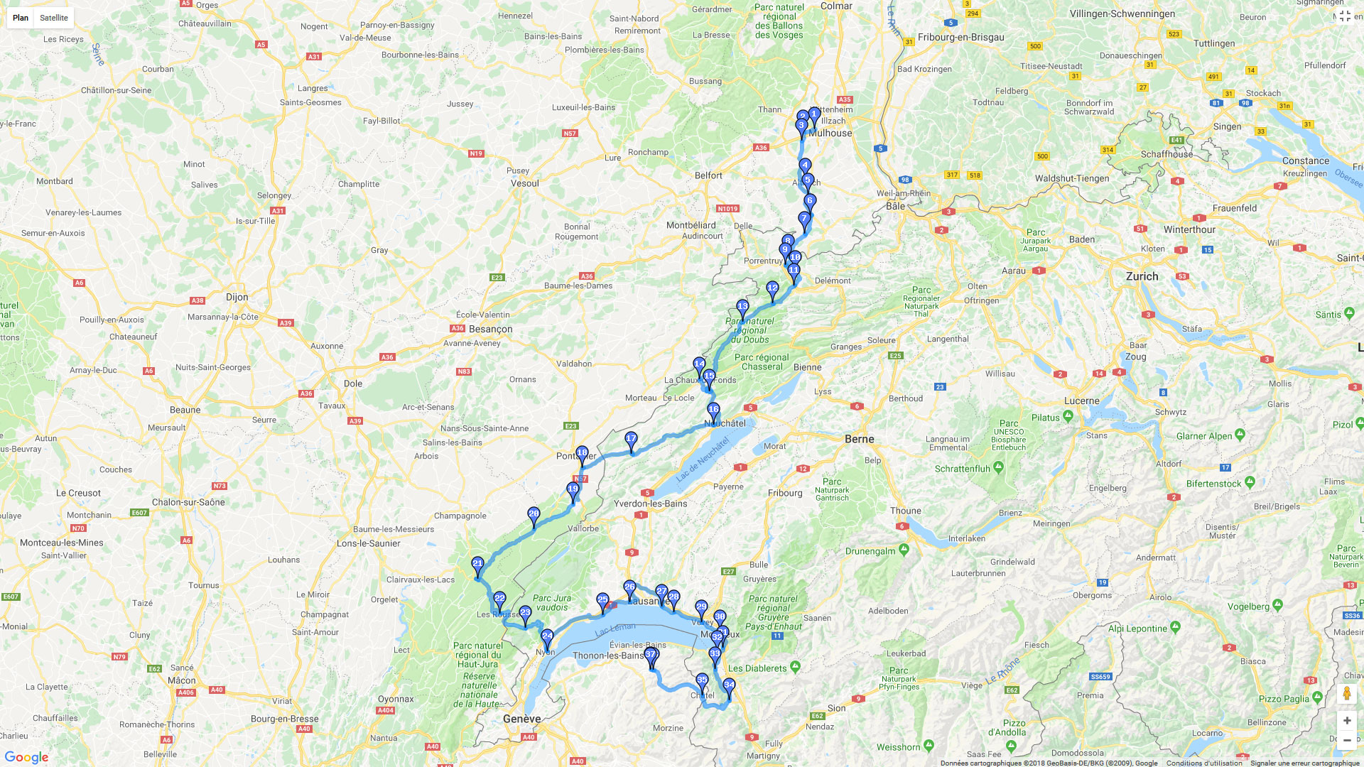 Pour zoomer sur la carte et avoir plus de détails, connectez-vous ! Carte roadbook Mulhouse Nyon
