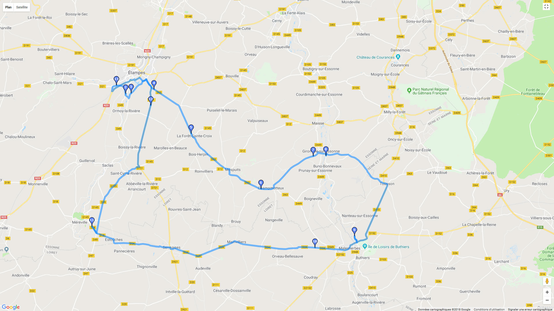 Pour zoomer sur la carte et avoir plus de détails, connectez-vous ! Carte roadbook Etampes Maslherbes