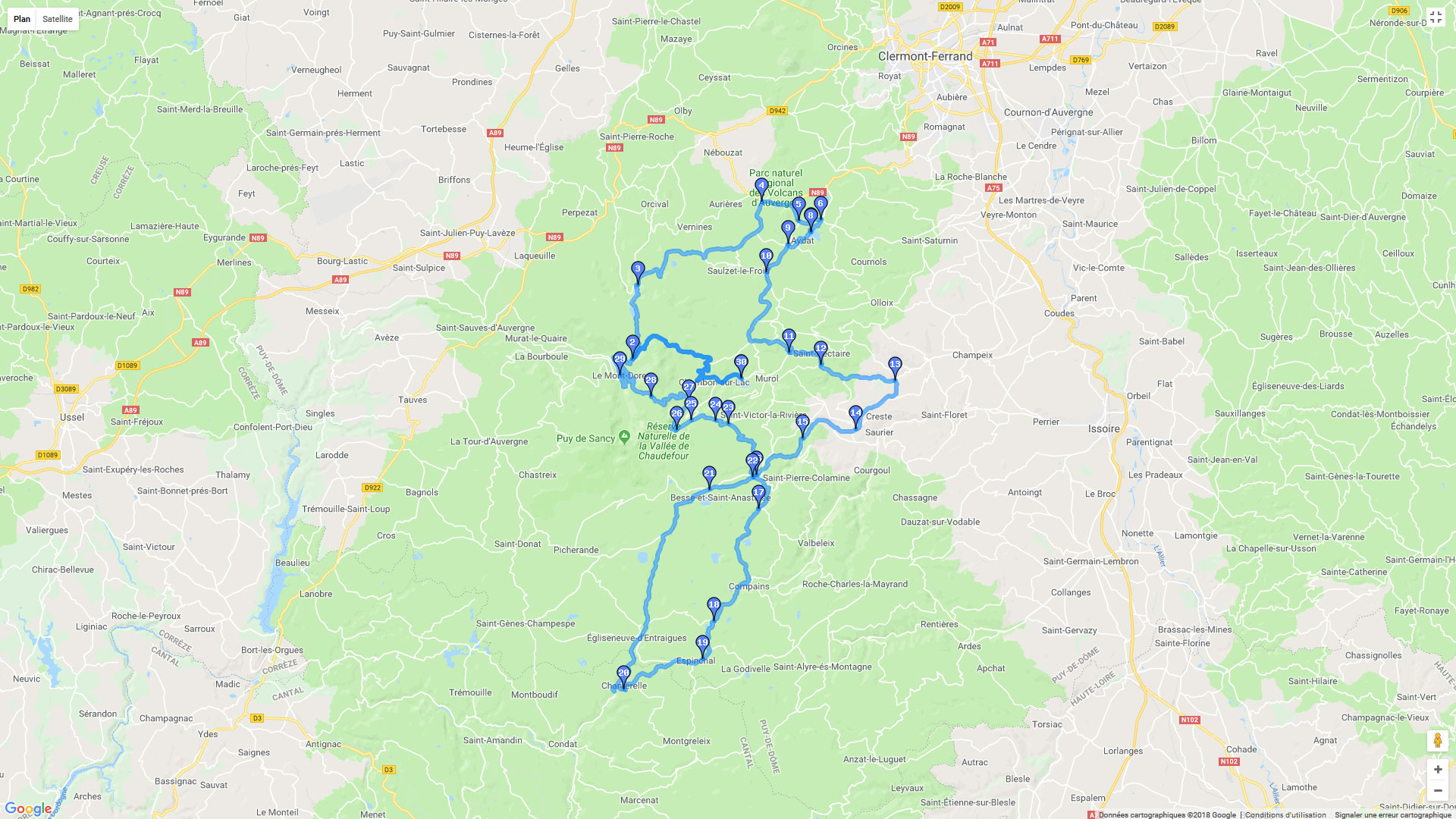 Pour zoomer sur la carte et avoir plus de détails, connectez-vous ! Carte roadbook Auvergne sud