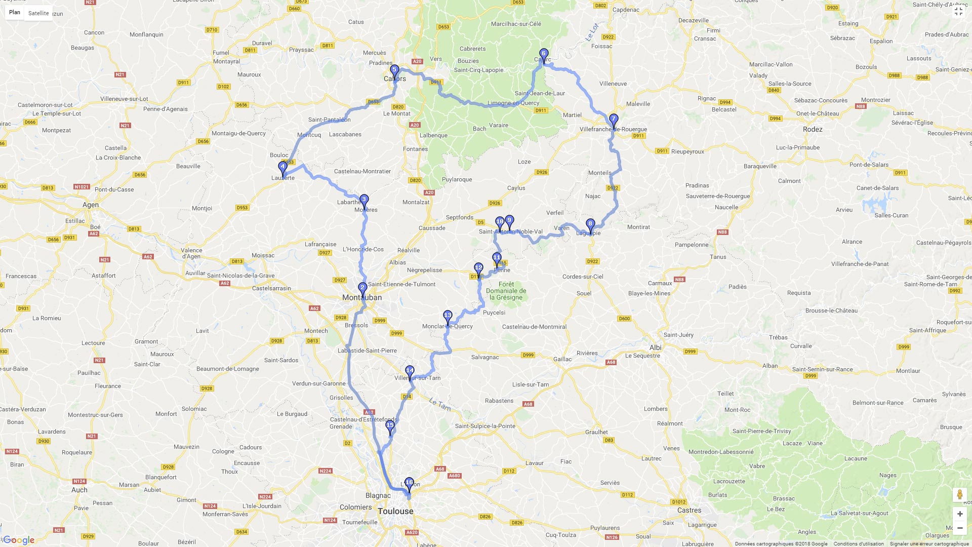 Pour zoomer sur la carte et avoir plus de détails, connectez-vous ! Carte roadbook Au nord de Toulouse