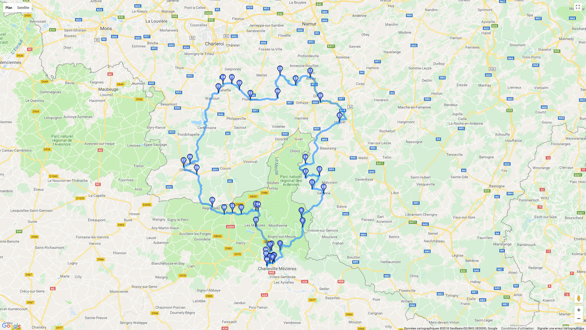 Pour zoomer sur la carte et avoir plus de détails, connectez-vous ! Carte roadbook Entre Ardennes et Belgique