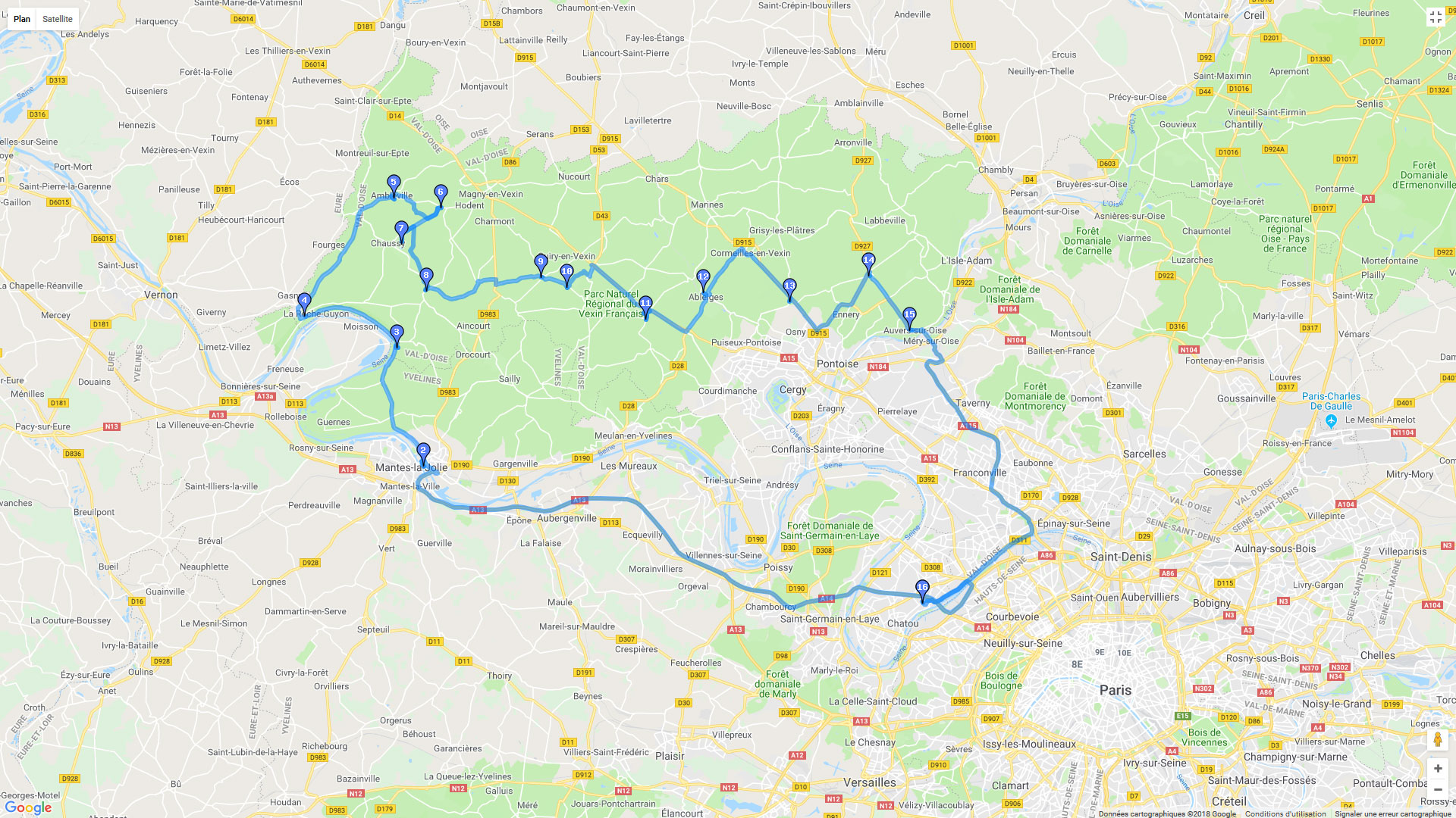 Pour zoomer sur la carte et avoir plus de détails, connectez-vous ! Carte roadbook Vexin et Villarceaux