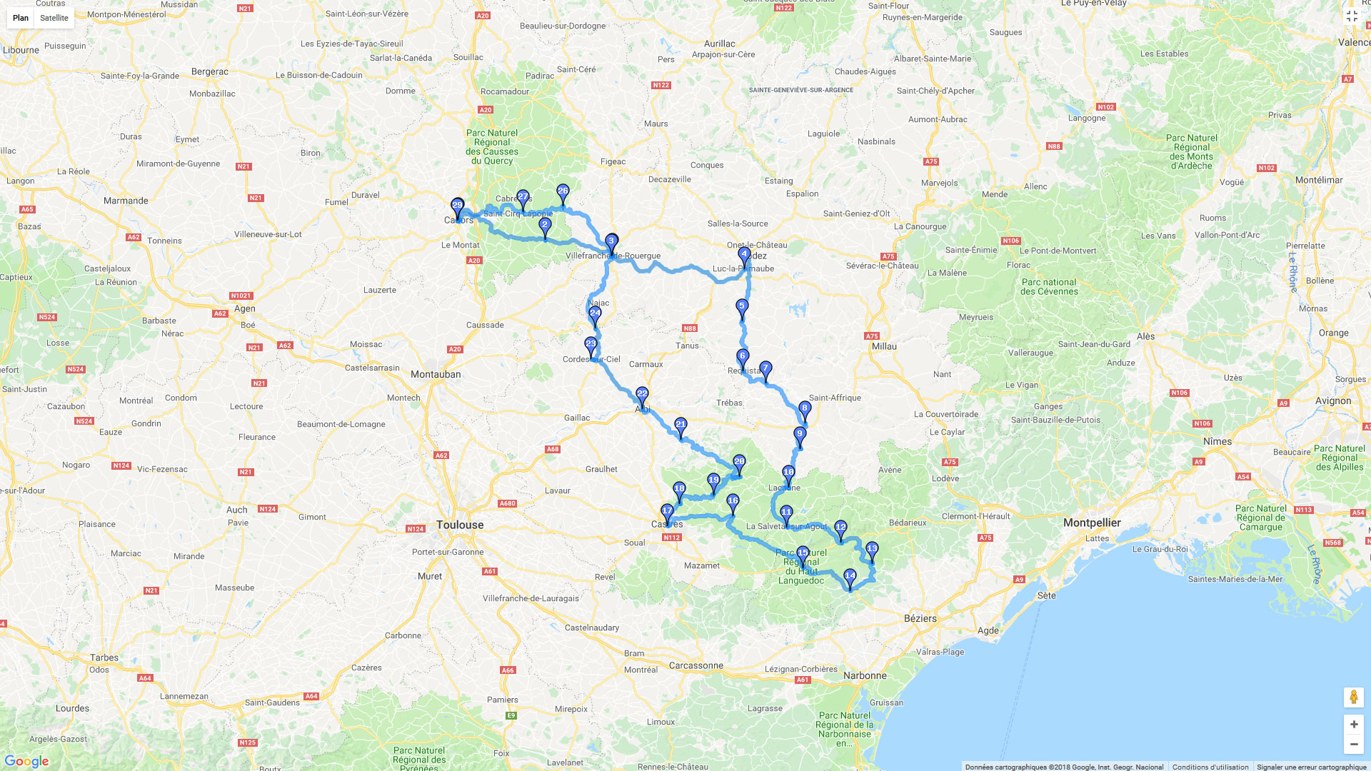 Pour zoomer sur la carte et avoir plus de détails, connectez-vous ! Carte roadbook Du Lot à l'Hérault