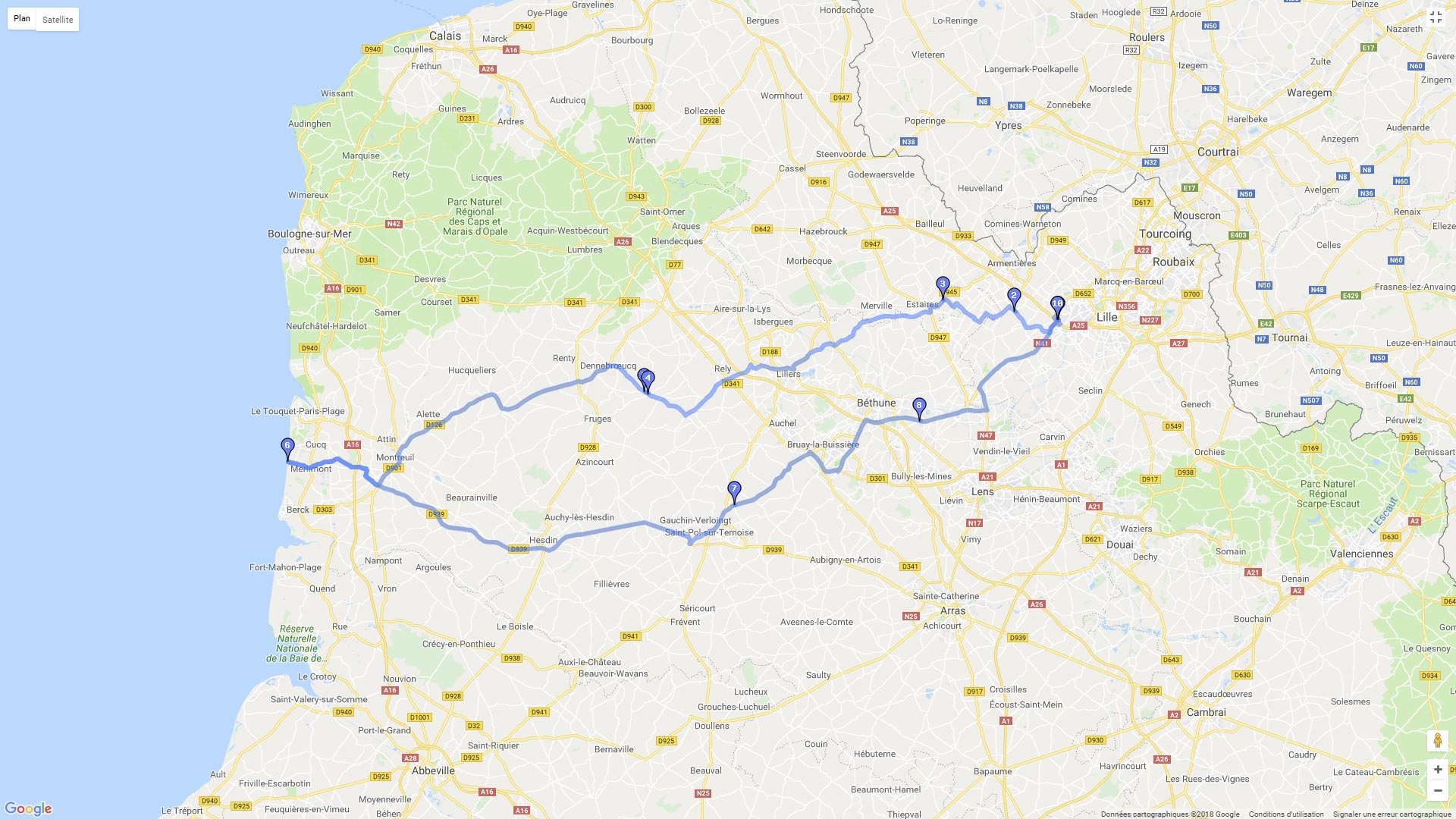 Pour zoomer sur la carte et avoir plus de détails, connectez-vous ! Carte roadbook De Lille à Merlimont