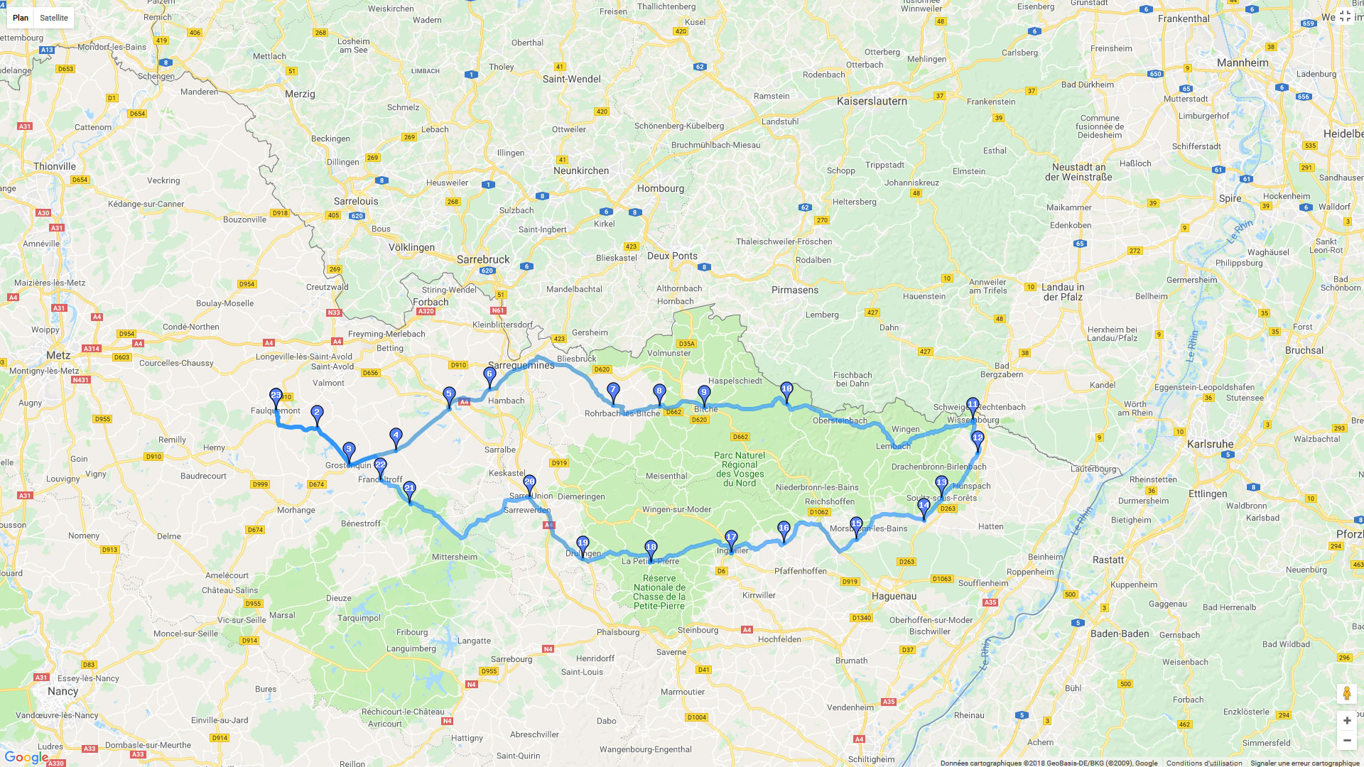 Pour zoomer sur la carte et avoir plus de détails, connectez-vous ! Carte roadbook Vosges du nord