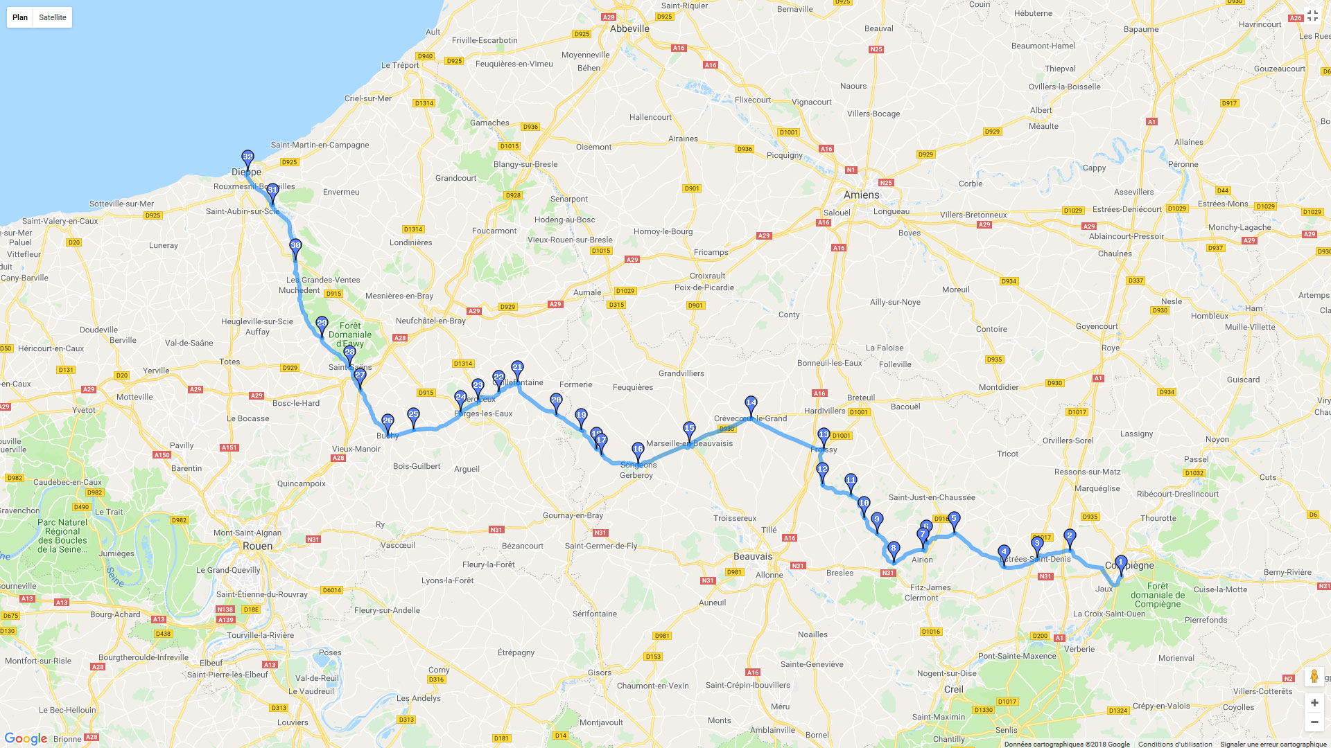 Pour zoomer sur la carte et avoir plus de détails, connectez-vous ! Carte roadbook Compiègne Dieppe