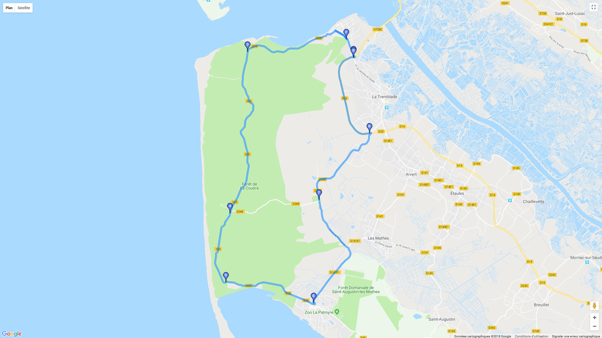 Pour zoomer sur la carte et avoir plus de détails, connectez-vous ! Carte roadbook Côte sauvage La Tremblade