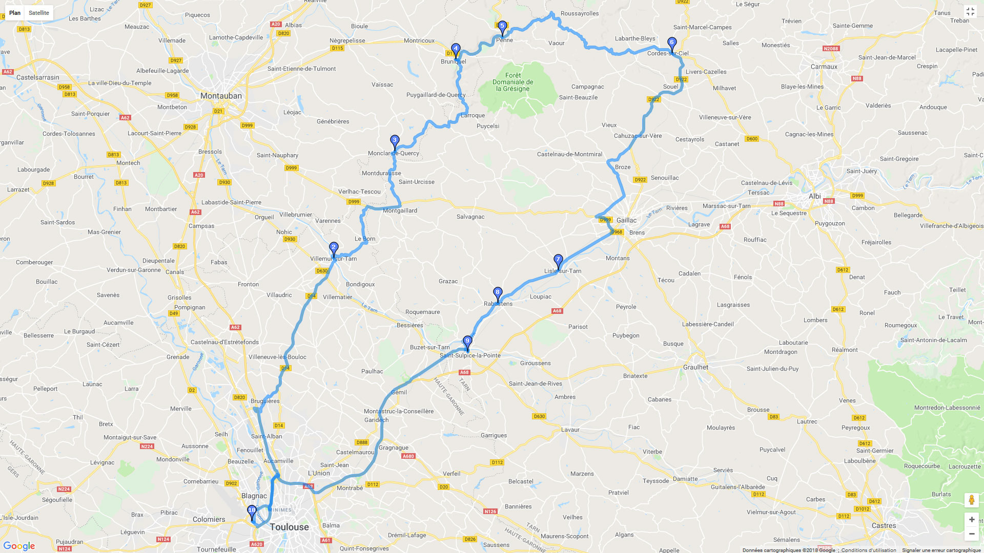 Pour zoomer sur la carte et avoir plus de détails, connectez-vous ! Carte roadbook Toulouse Tarn les plus beaux villages de France