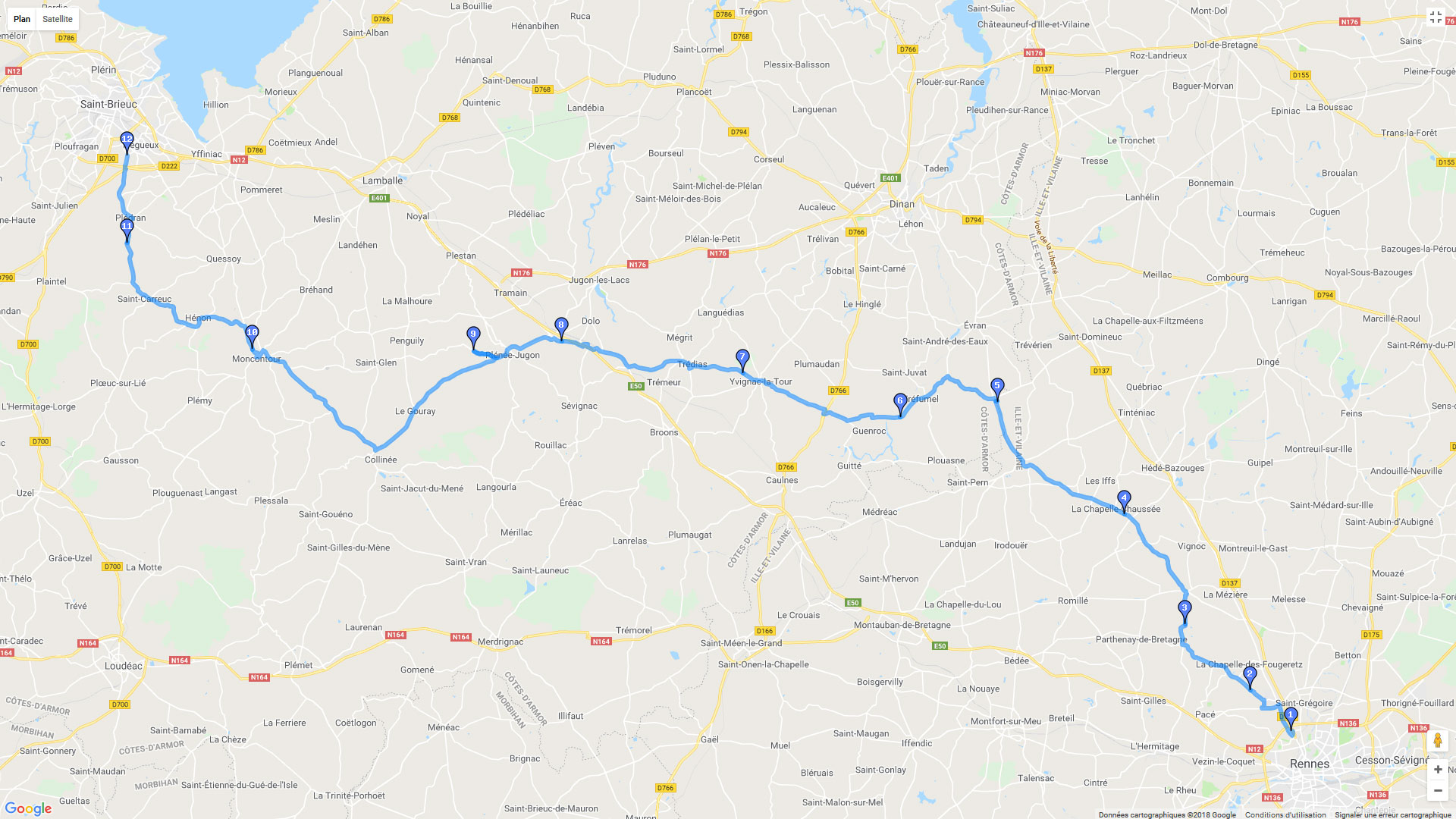 Pour zoomer sur la carte et avoir plus de détails, connectez-vous ! Carte roadbook Rennes Saint-Brieuc
