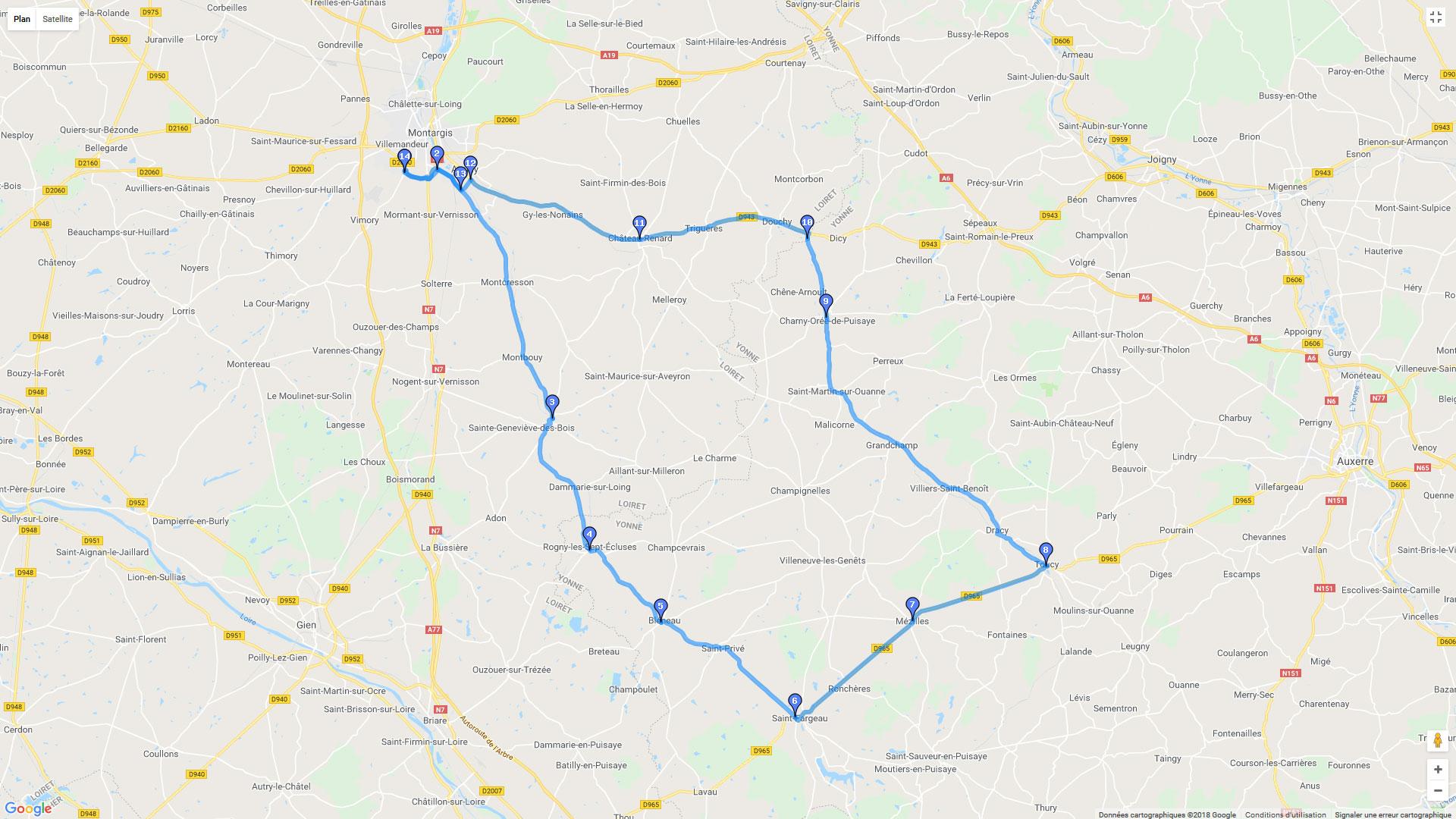 Pour zoomer sur la carte et avoir plus de détails, connectez-vous ! Carte roadbook entre Loiret et Yonne