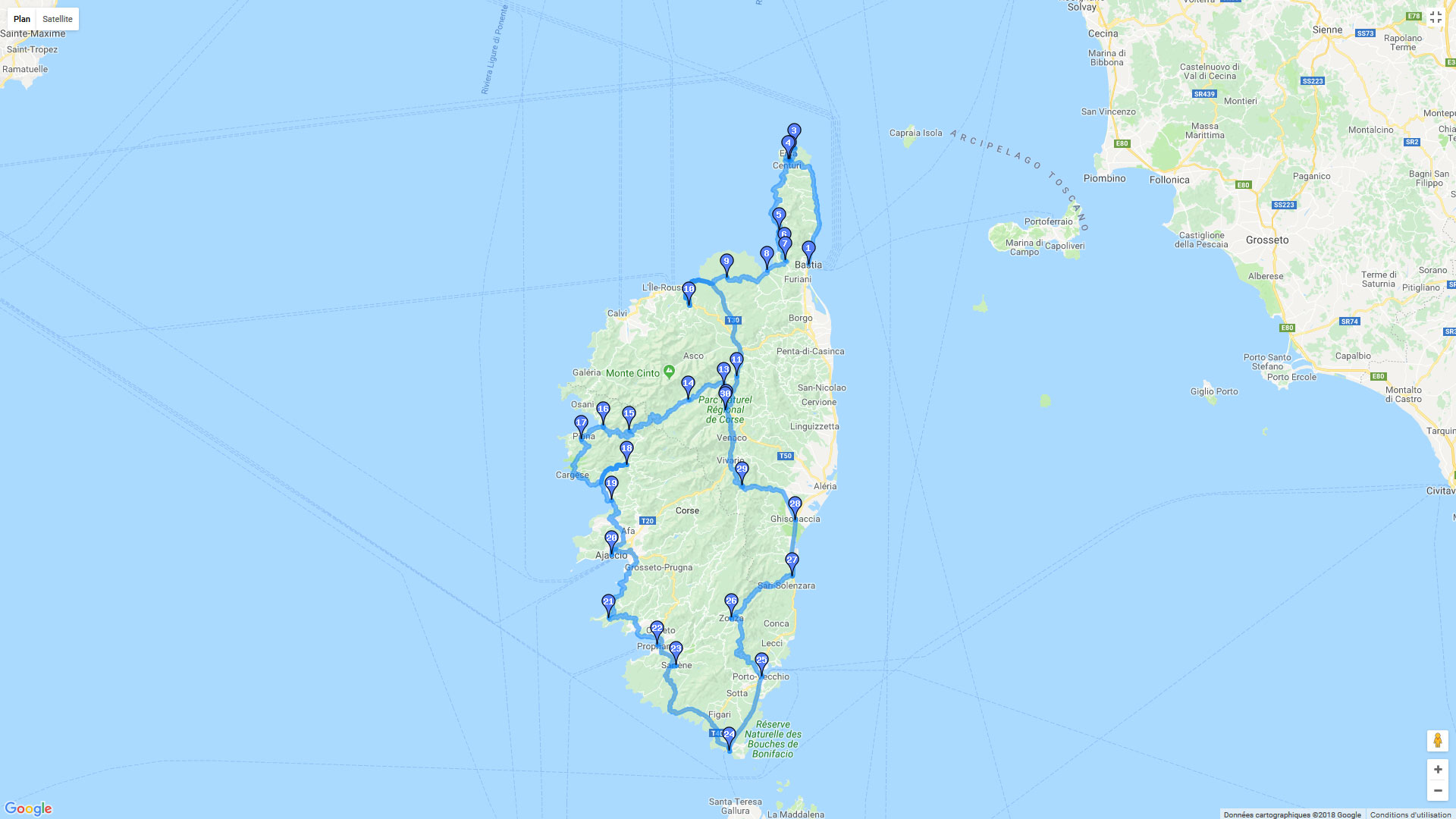 Pour zoomer sur la carte et avoir plus de détails, connectez-vous ! Carte roadbook Tour de Corse