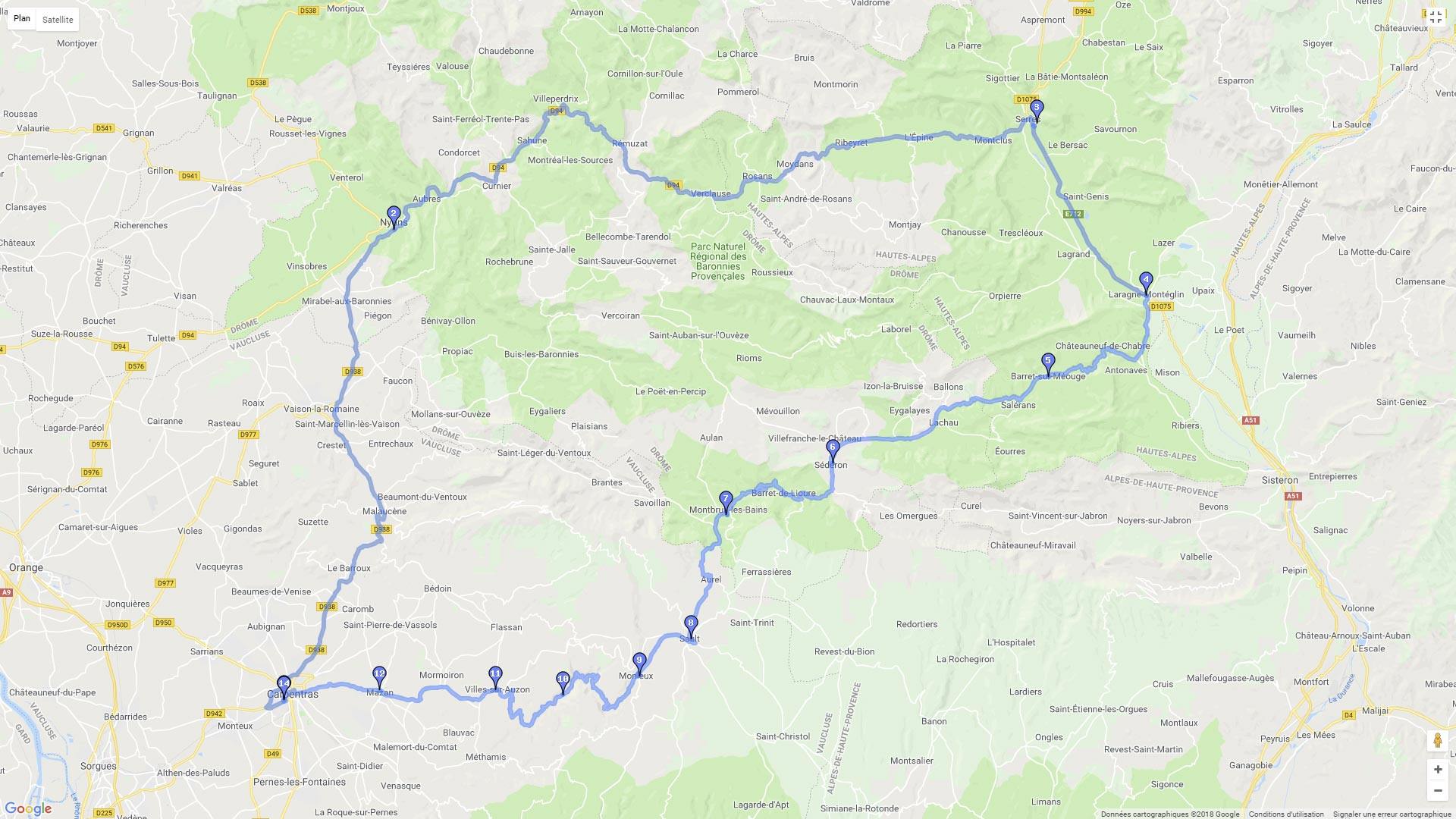 Pour zoomer sur la carte et avoir plus de détails, connectez-vous ! Carte roadbook Carpentras à Carpentras par Nyons Serres