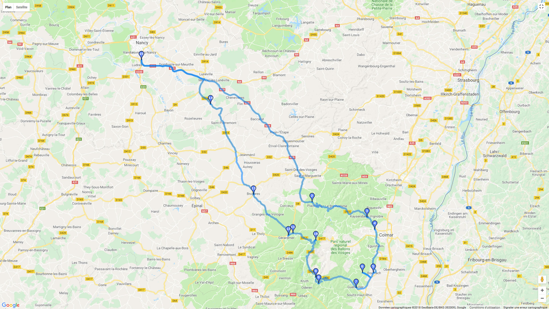 Pour zoomer sur la carte et avoir plus de détails, connectez-vous ! Carte roadbook Entre route des vins et route des crêtes