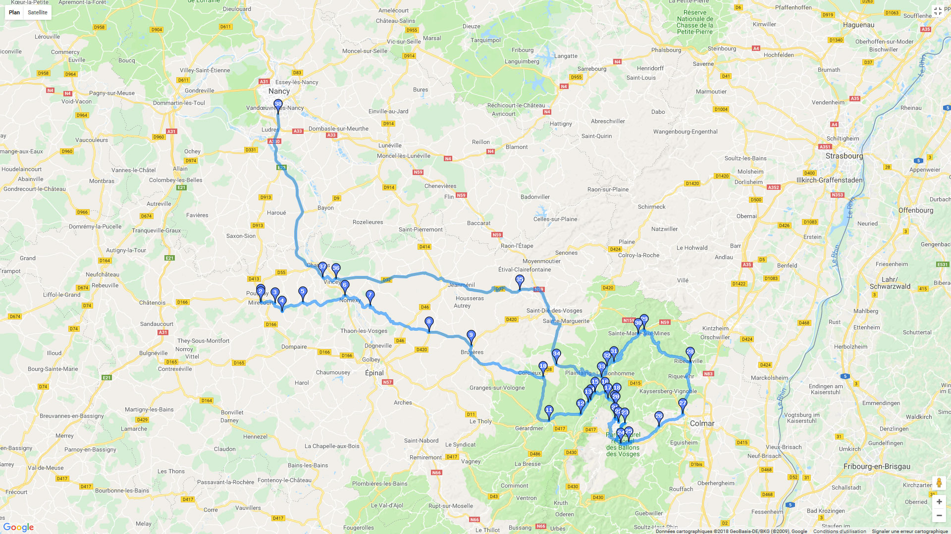 Pour zoomer sur la carte et avoir plus de détails, connectez-vous ! Carte roadbook Entre cols vosgiens et route des vins d'Alsace