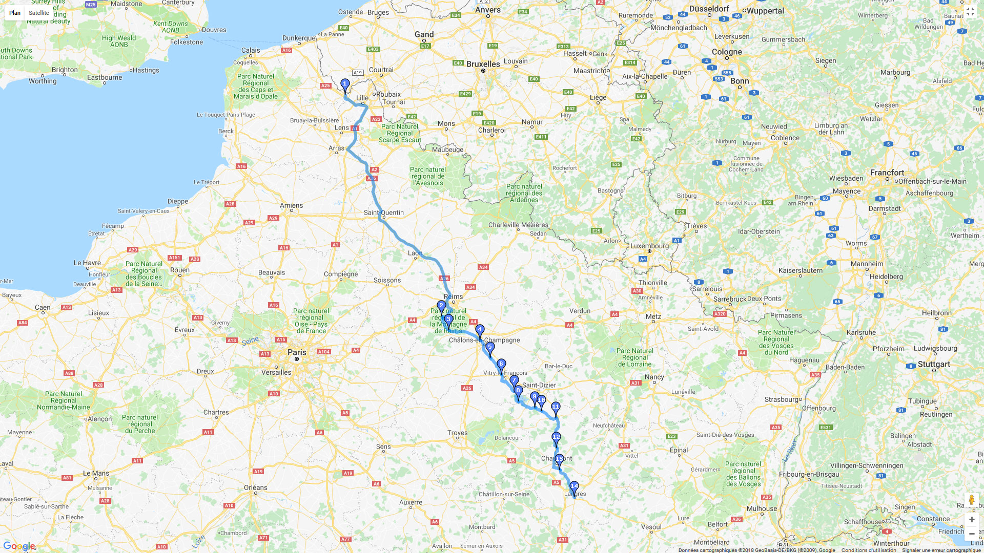 Pour zoomer sur la carte et avoir plus de détails, connectez-vous ! Carte roadbook Lille à Langres
