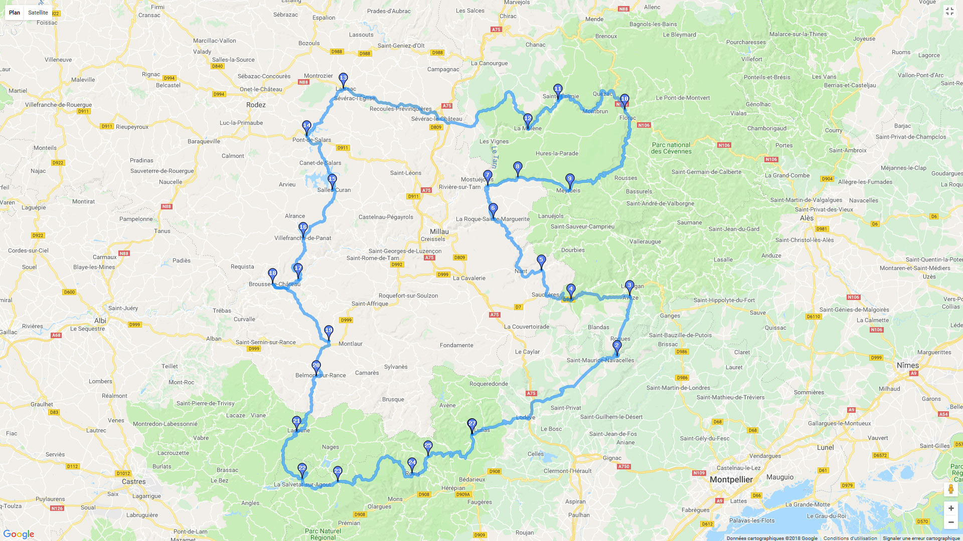 Pour zoomer sur la carte et avoir plus de détails, connectez-vous ! Carte roadbook Tarn et Hérault