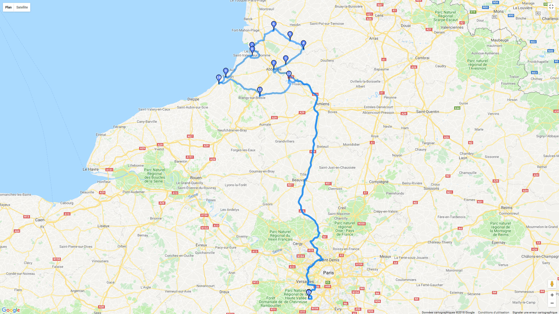 Pour zoomer sur la carte et avoir plus de détails, connectez-vous ! Carte roadbook Autour de la baie de la Somme