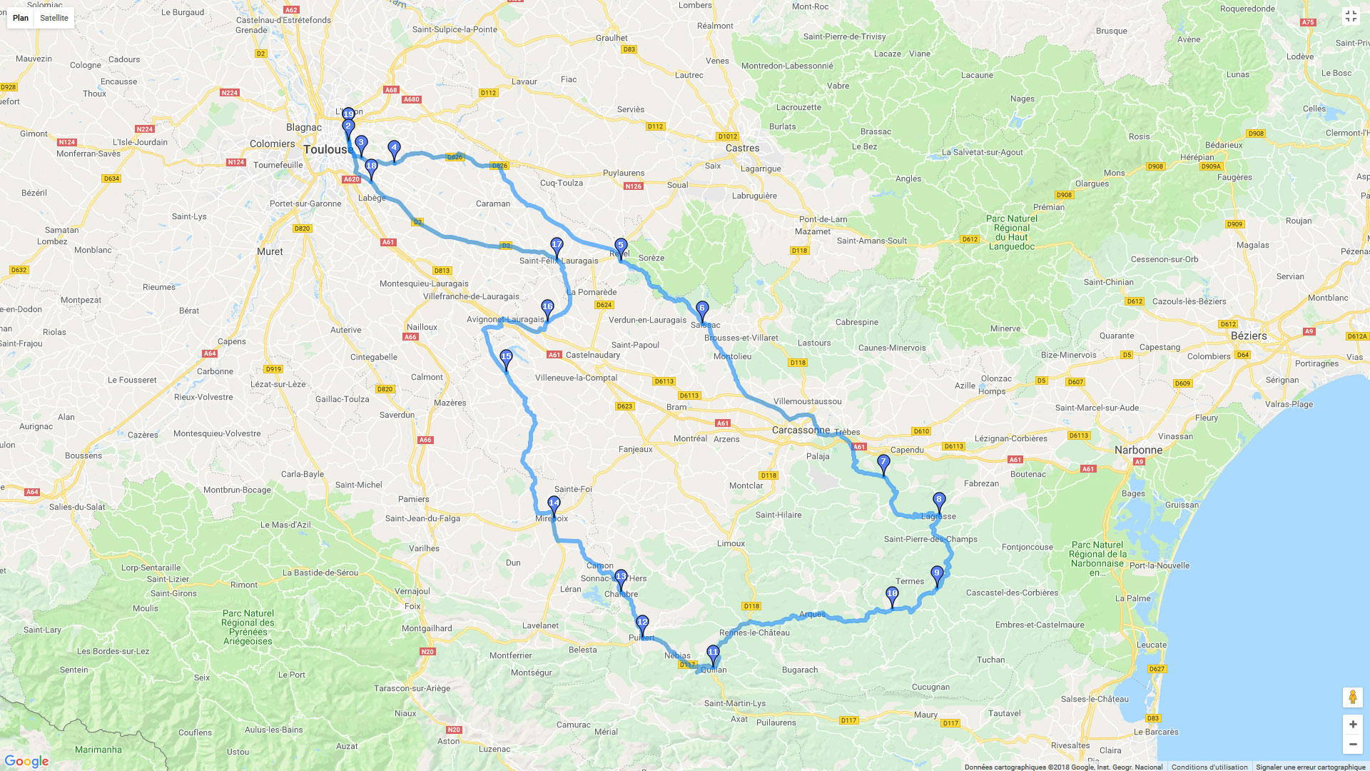 Pour zoomer sur la carte et avoir plus de détails, connectez-vous ! Carte roadbook Boucle toulouse, Aude, Ariège