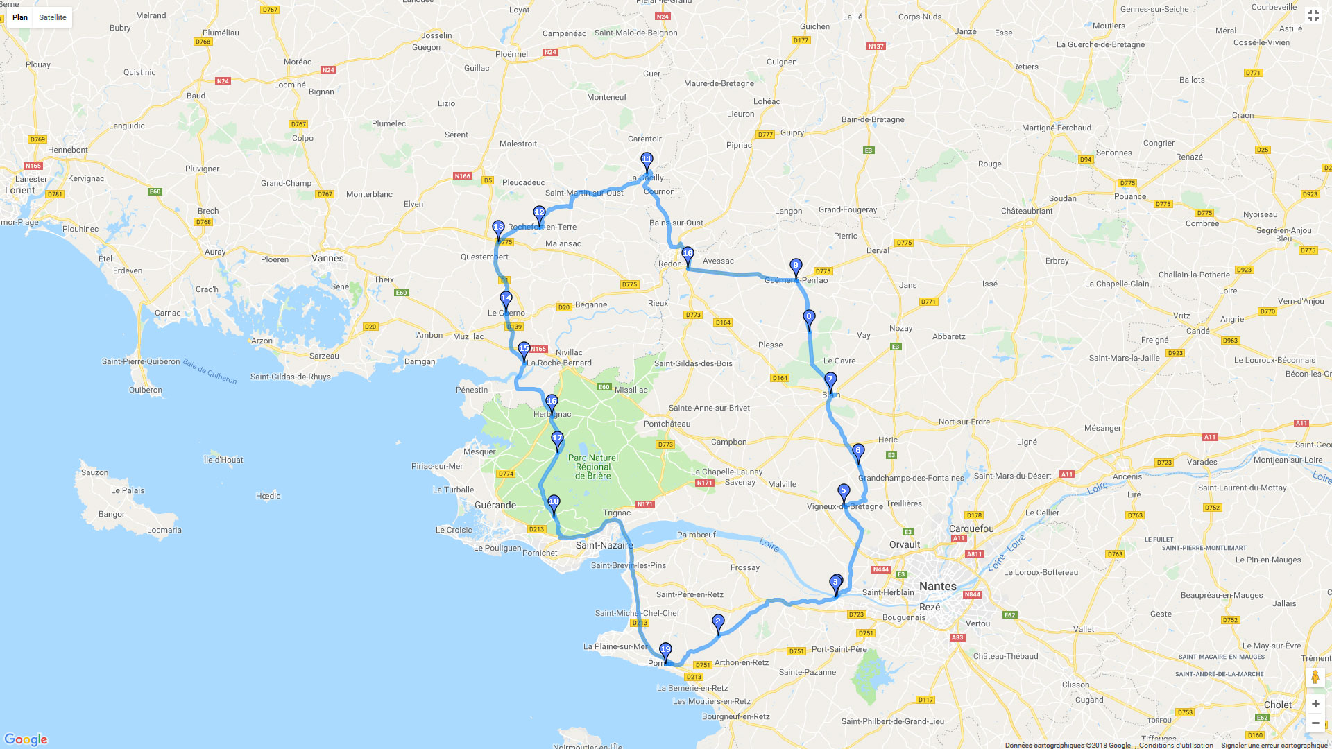 Pour zoomer sur la carte et avoir plus de détails, connectez-vous ! Carte roadbook Pornic - La Gacilly - Pornic