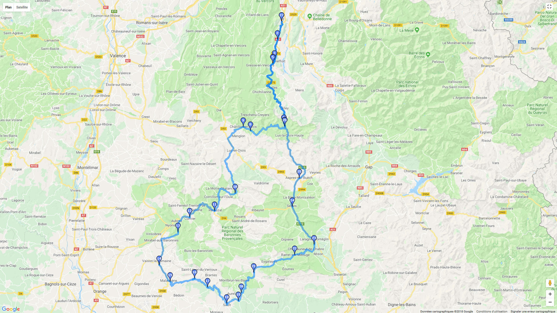 Pour zoomer sur la carte et avoir plus de détails, connectez-vous ! Carte roadbook Vif Mont Ventoux et Vercors