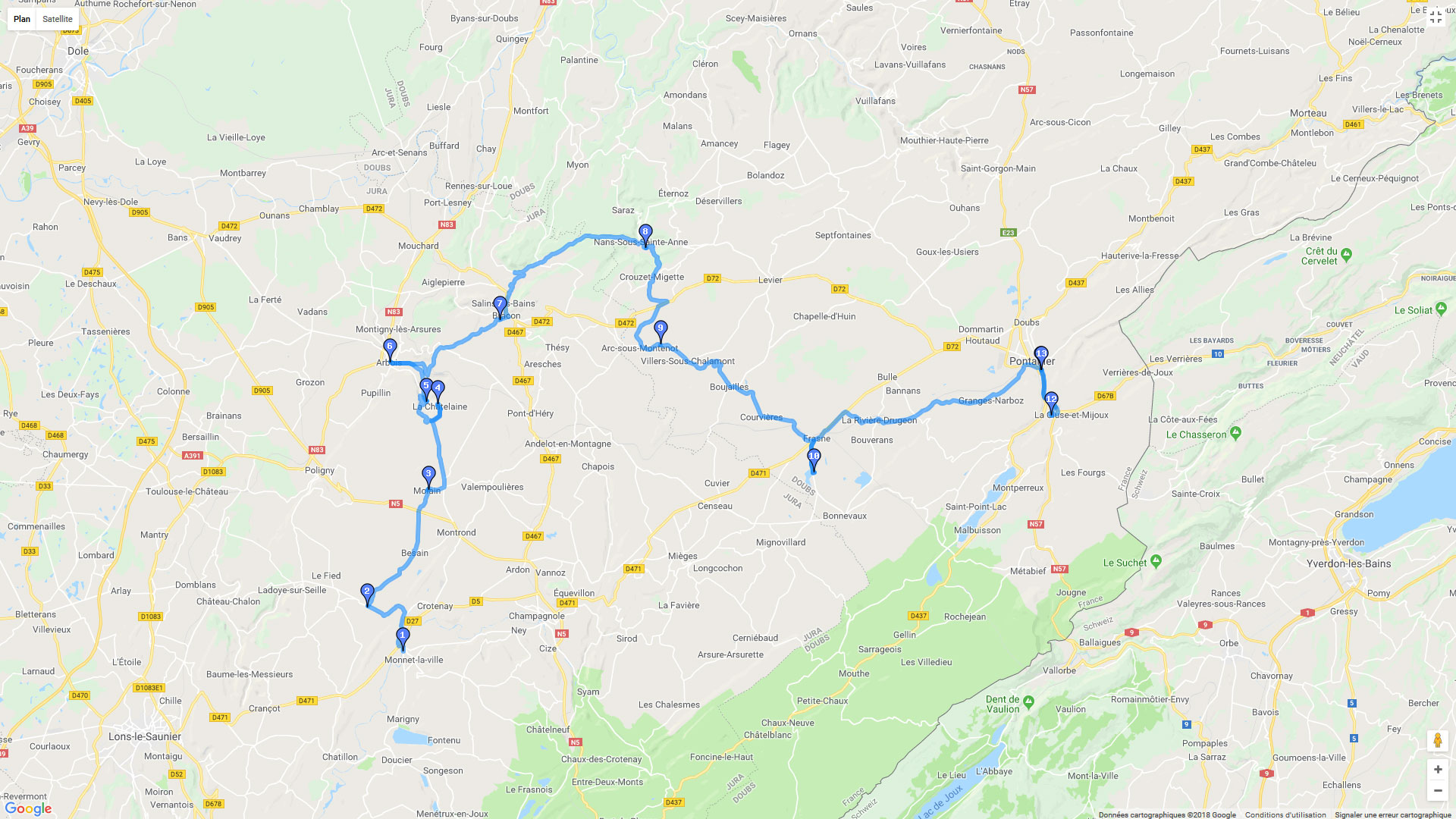 Pour zoomer sur la carte et avoir plus de détails, connectez-vous ! Carte roadbook Pont du Navoy - Arbois - Nans Sous Sainte Anne - Pontarlier