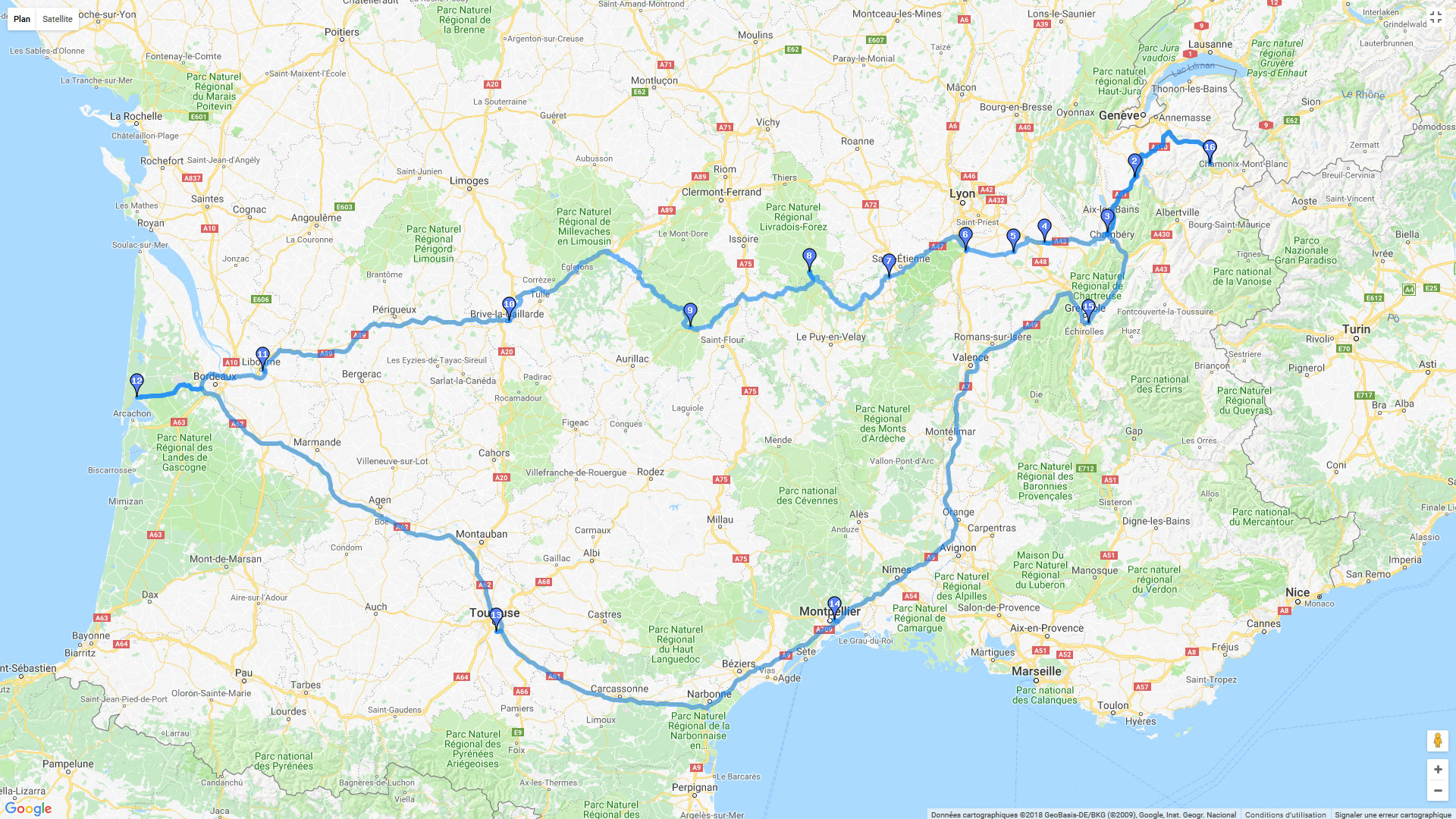 Pour zoomer sur la carte et avoir plus de détails, connectez-vous ! Carte roadbook Sallanches Arcachon