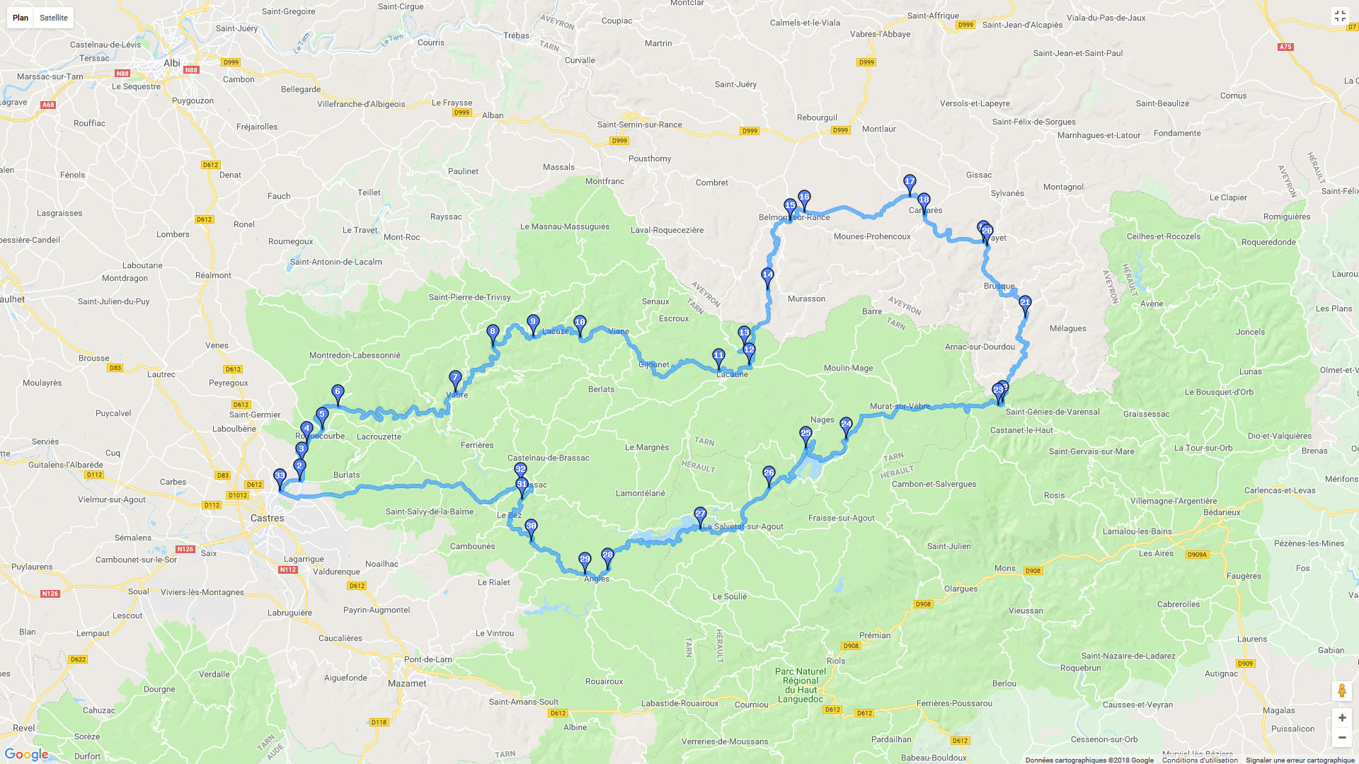 Pour zoomer sur la carte et avoir plus de détails, connectez-vous ! Carte roadbook Castres est par les Monts