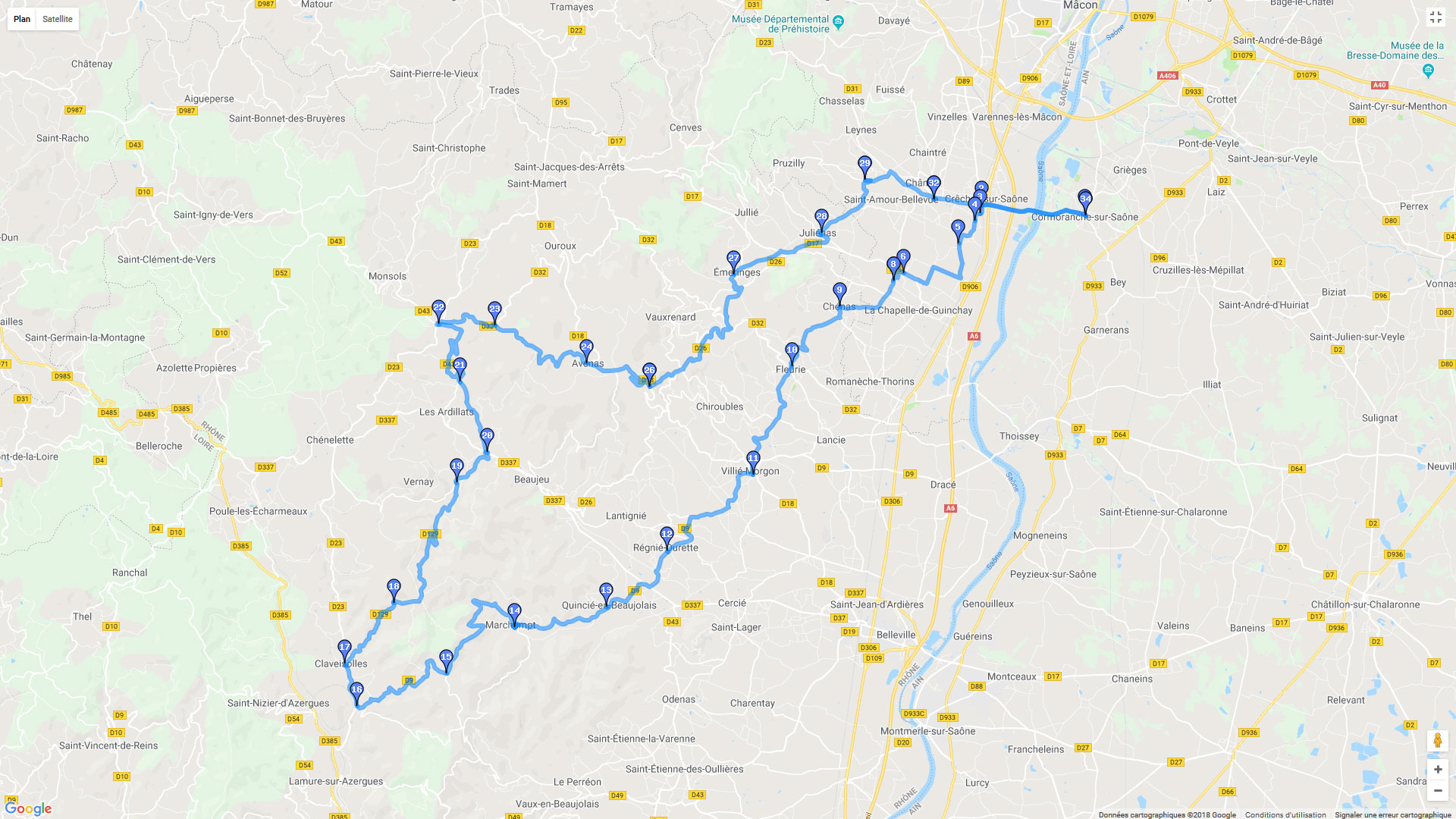 Pour zoomer sur la carte et avoir plus de détails, connectez-vous ! Carte roadbook Ain Rhone Saone et Loire