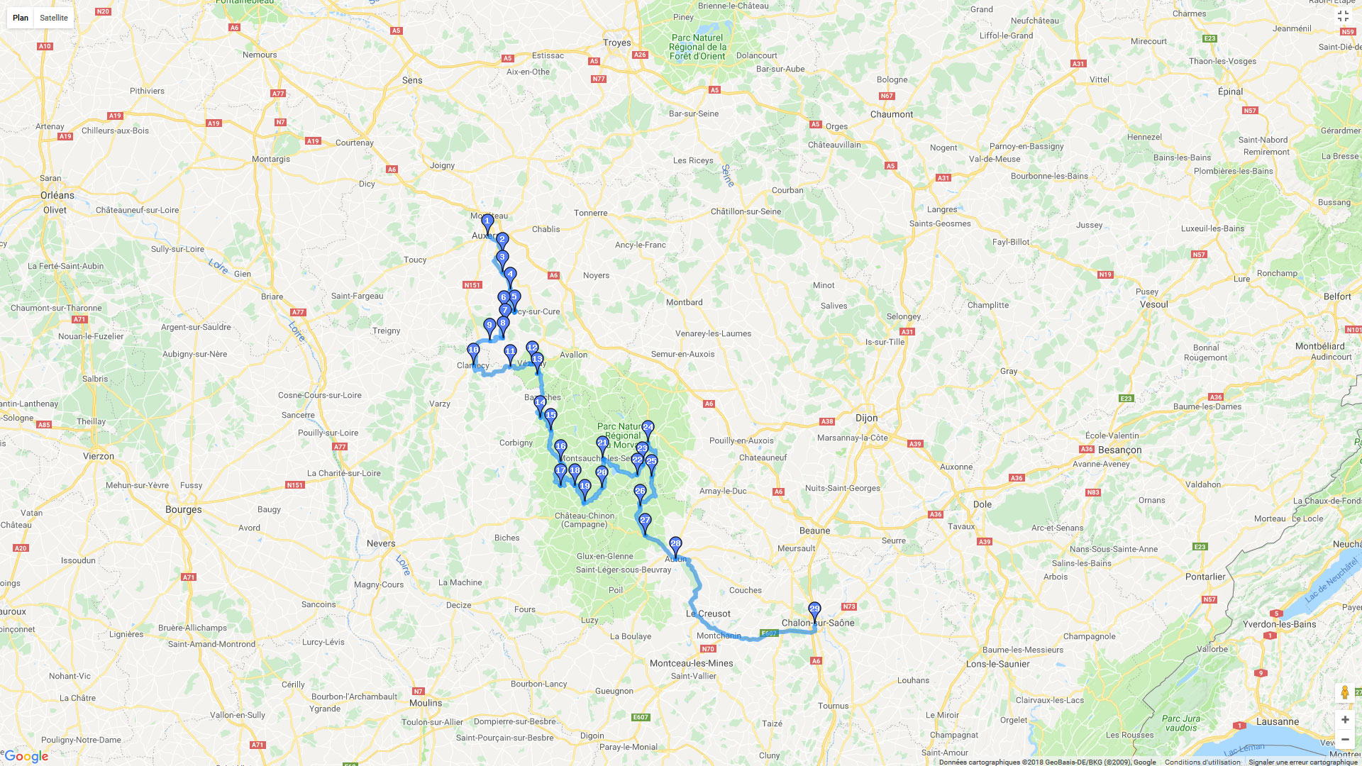 Pour zoomer sur la carte et avoir plus de détails, connectez-vous ! Carte roadbook Morvan du nord au sud