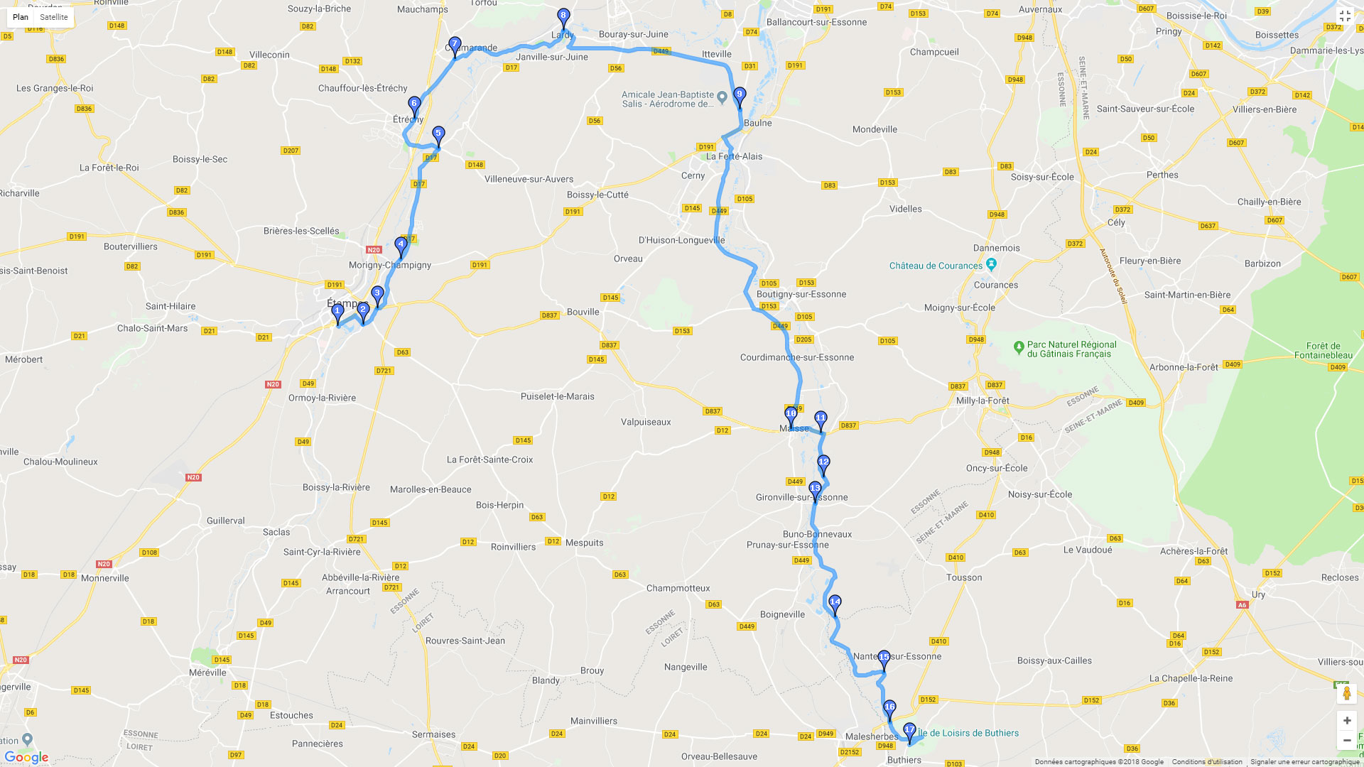 Pour zoomer sur la carte et avoir plus de détails, connectez-vous ! Carte roadbook Etampes - Buthiers