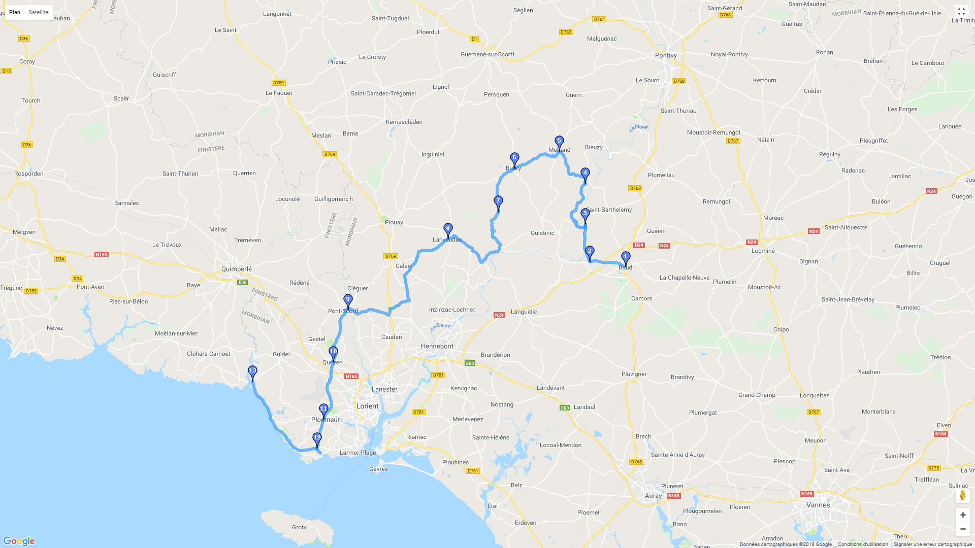 Pour zoomer sur la carte et avoir plus de détails, connectez-vous ! Carte roadbook De Baud à Lorient