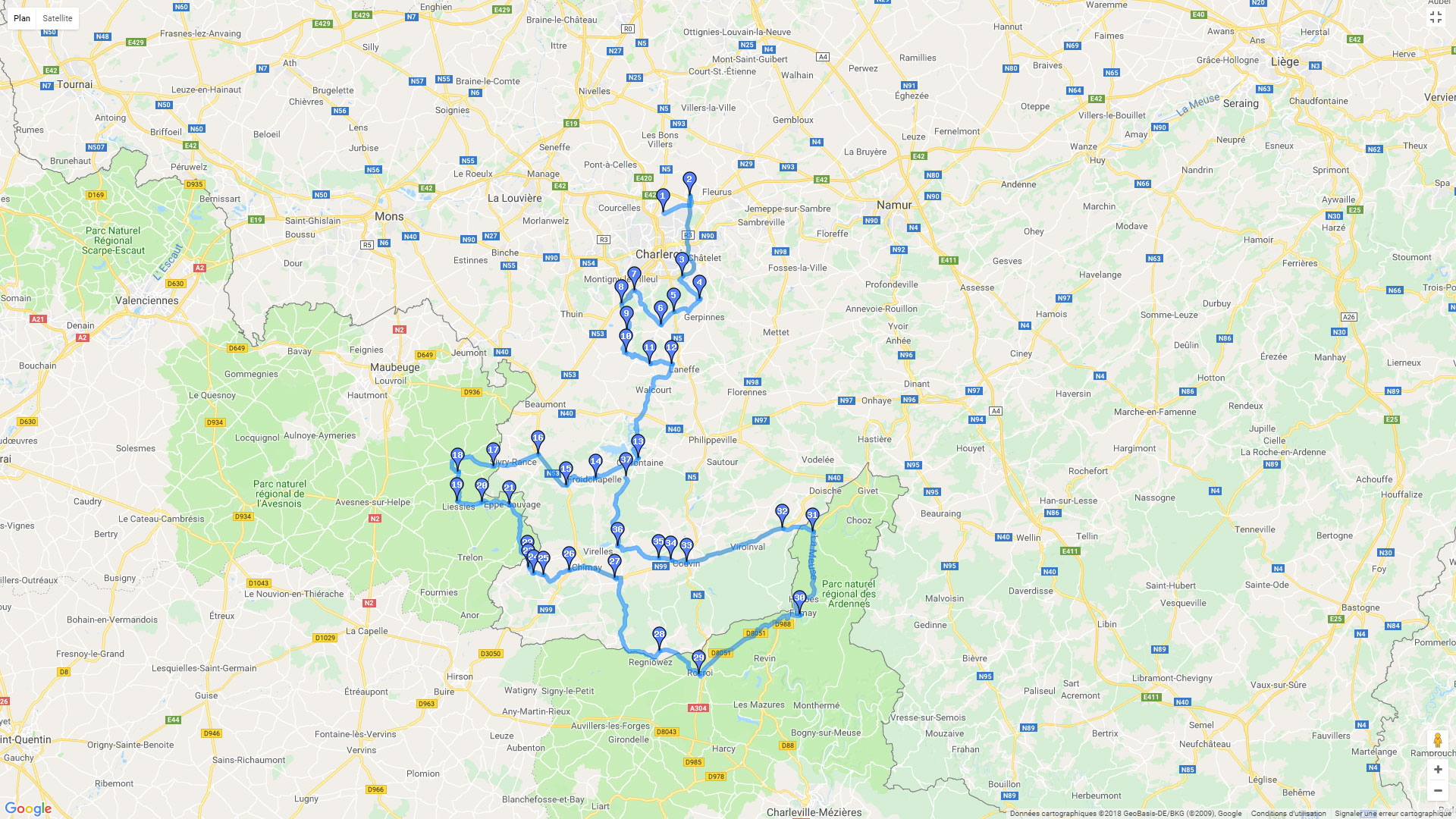 Pour zoomer sur la carte et avoir plus de détails, connectez-vous ! Carte roadbook Jumet - Cerfontaine