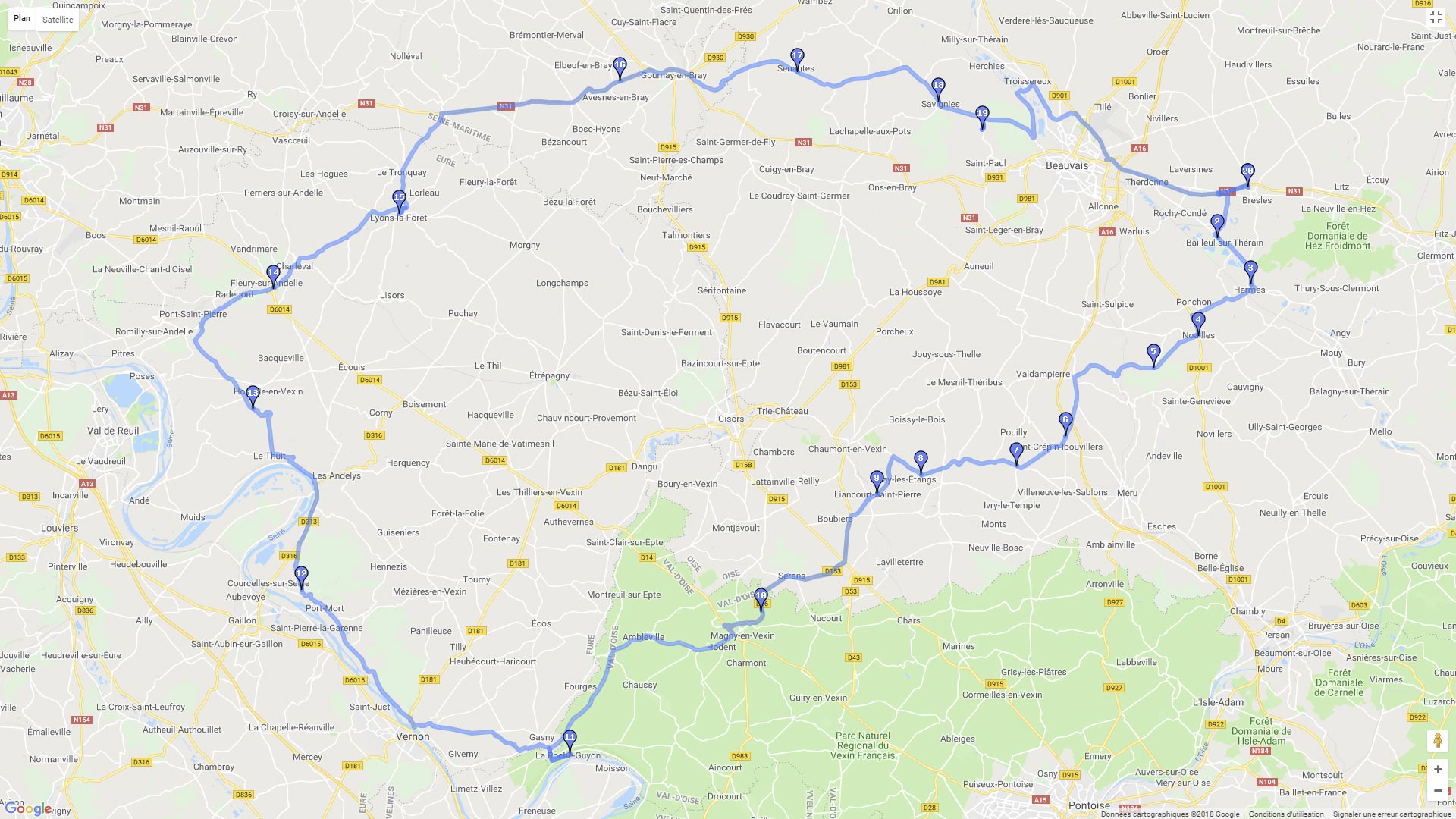 Pour zoomer sur la carte et avoir plus de détails, connectez-vous ! Carte roadbook Entre Vexin et Pays de Bray