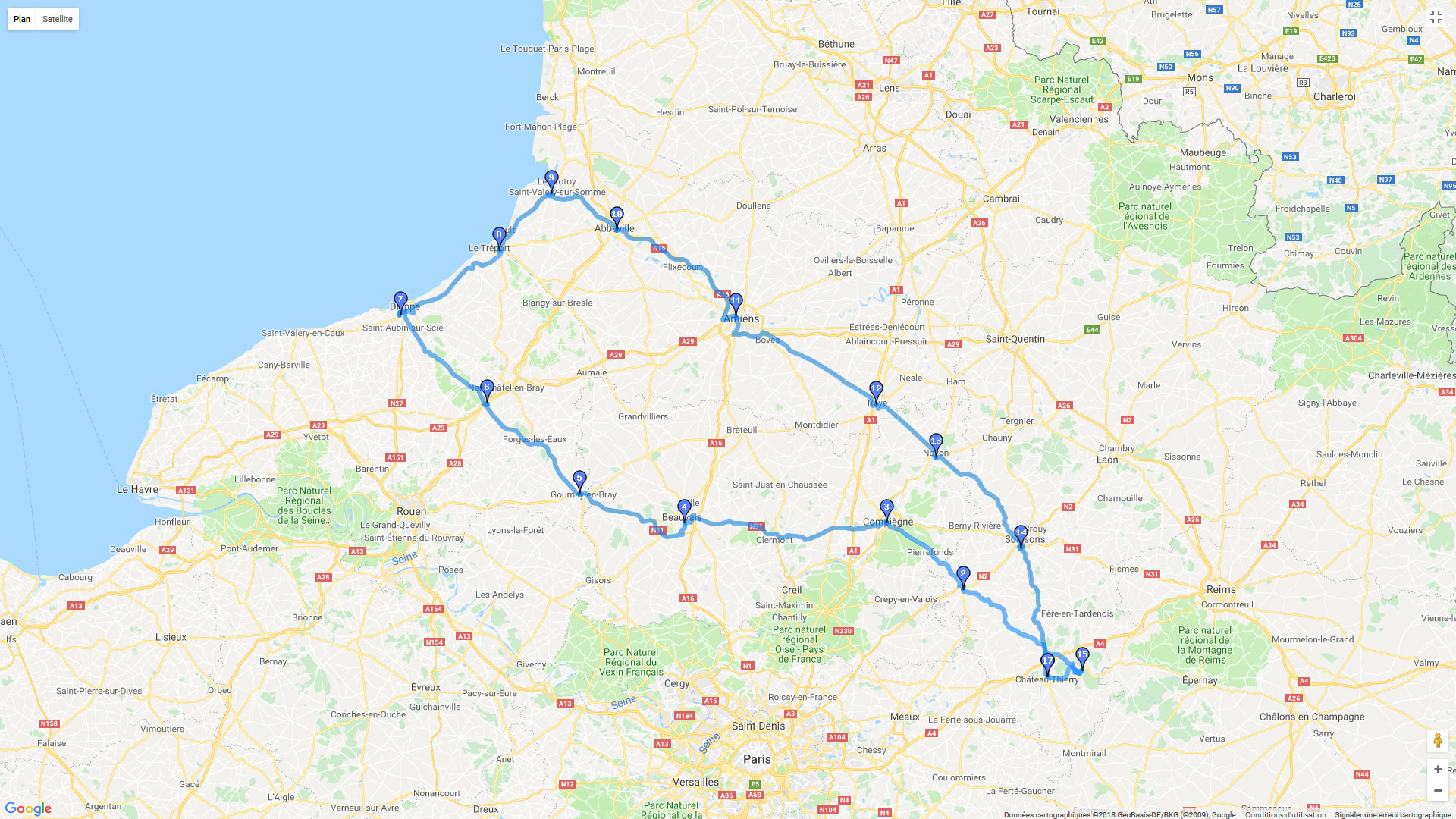 Pour zoomer sur la carte et avoir plus de détails, connectez-vous ! Carte roadbook Château-Thierry / Dieppe