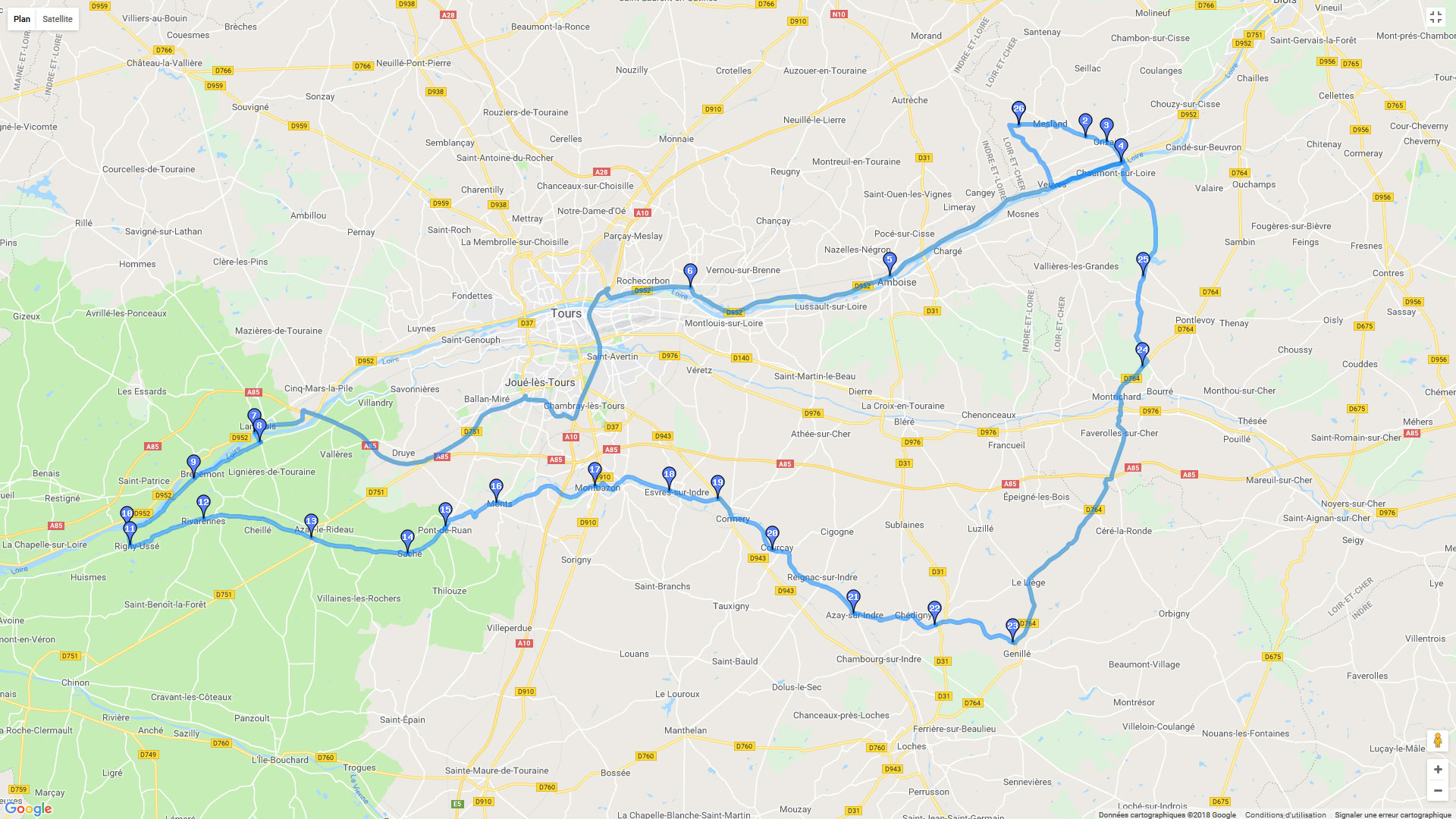 Pour zoomer sur la carte et avoir plus de détails, connectez-vous ! Carte roadbook Entre Loire et Indre
