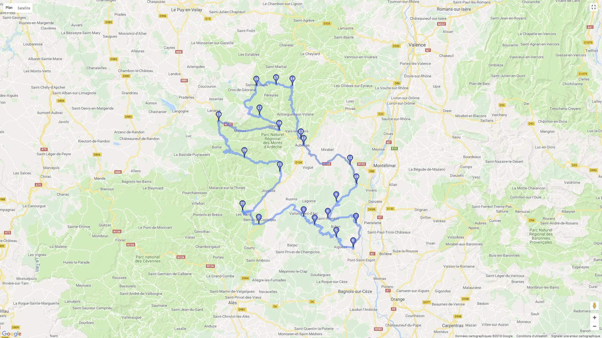 Pour zoomer sur la carte et avoir plus de détails, connectez-vous ! Carte roadbook Monts et Gorges de l'Ardèche