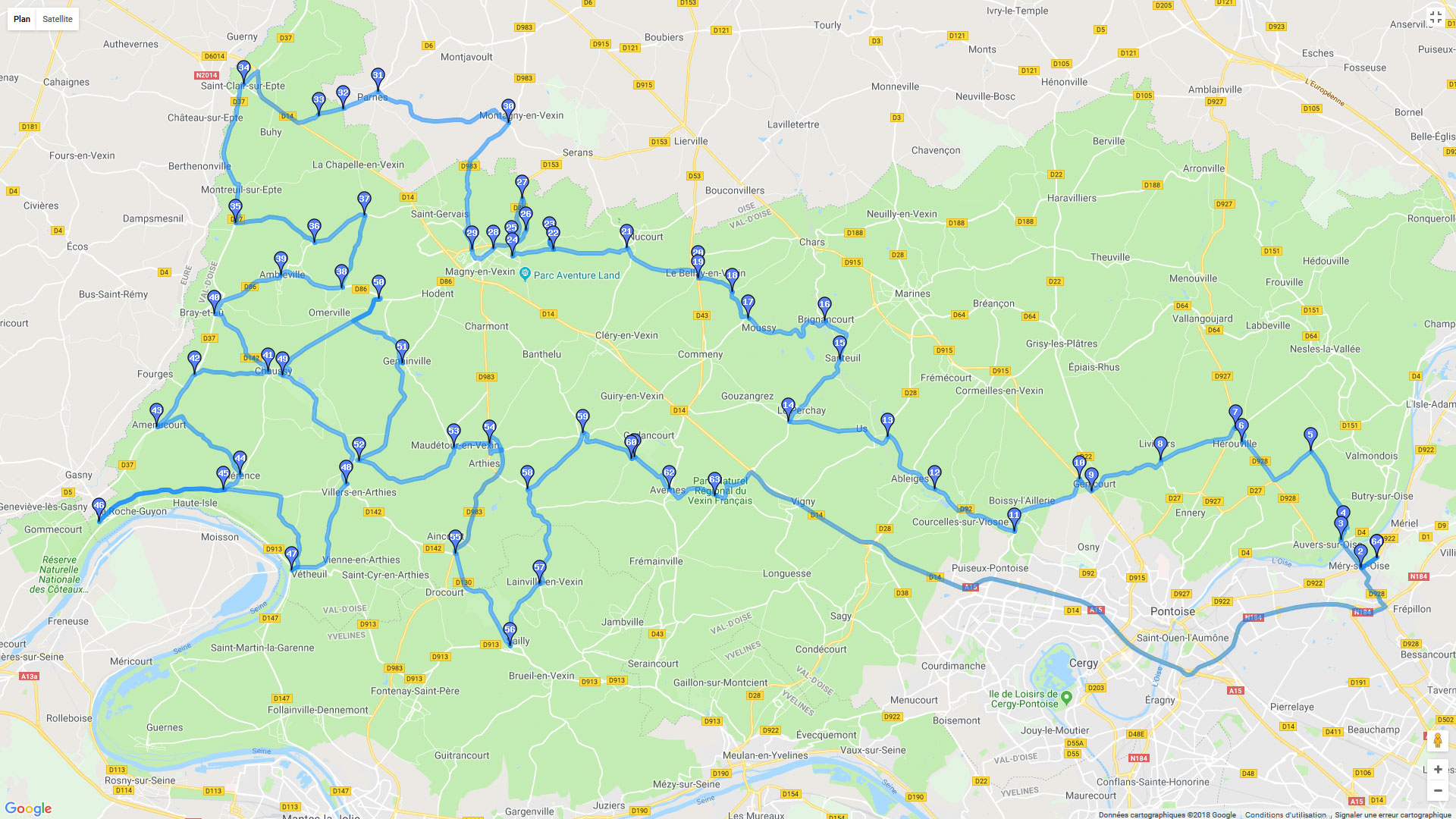 Pour zoomer sur la carte et avoir plus de détails, connectez-vous ! Carte roadbook Tour du Vexin