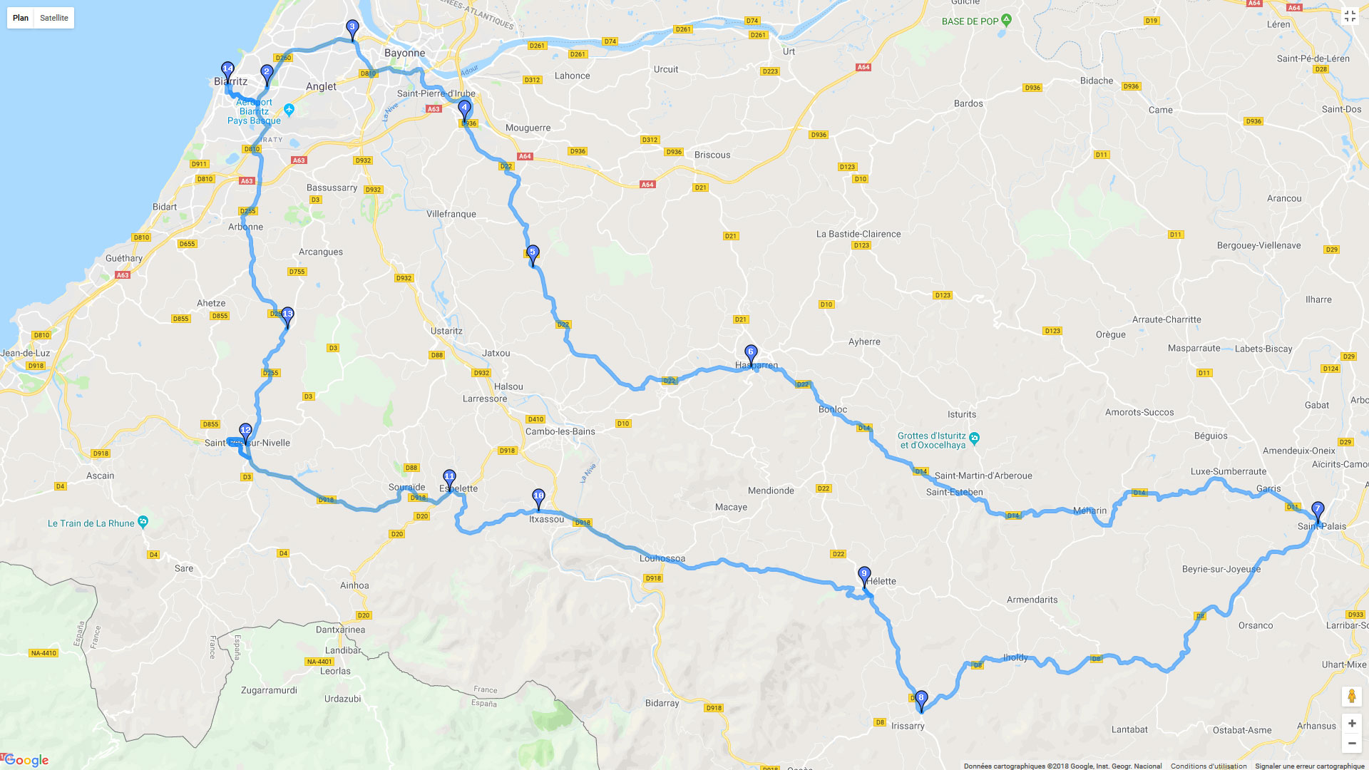 Pour zoomer sur la carte et avoir plus de détails, connectez-vous ! Carte roadbook Biarritz - Pays Basque