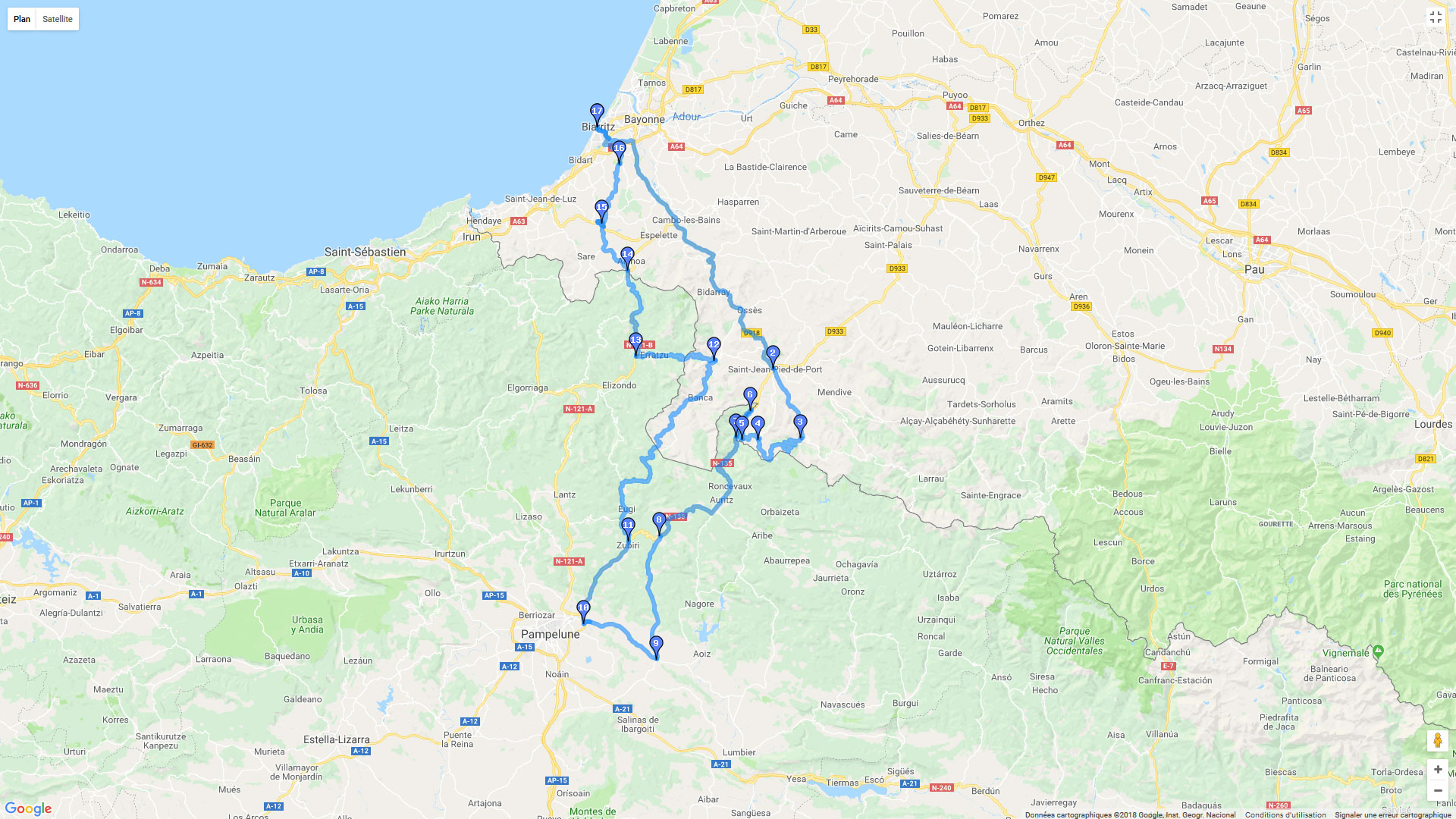 Pour zoomer sur la carte et avoir plus de détails, connectez-vous ! Carte roadbook Biarritz - Pampelune