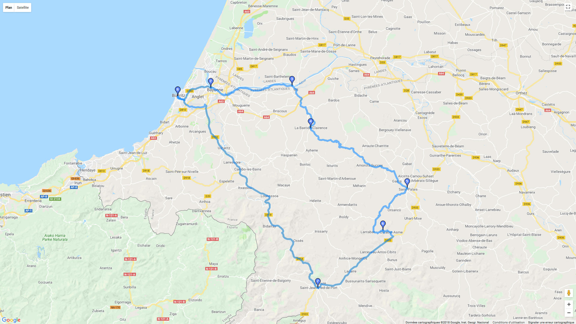 Pour zoomer sur la carte et avoir plus de détails, connectez-vous ! Carte roadbook Biarritz - col d'Ipharlatte